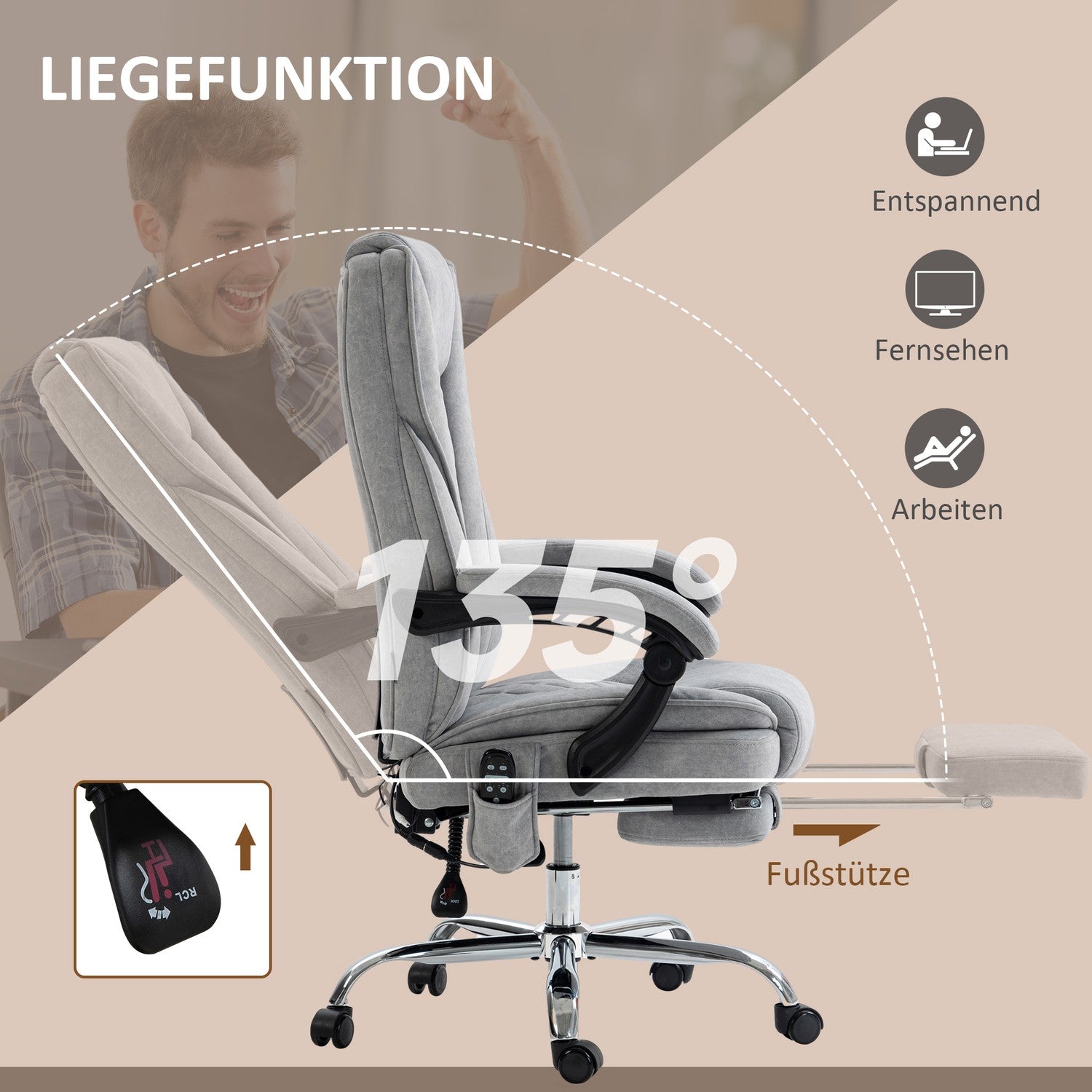 Ergonomisk kontorsstol med massagefunktion, fotstöd, vridbar, rullbar, grå