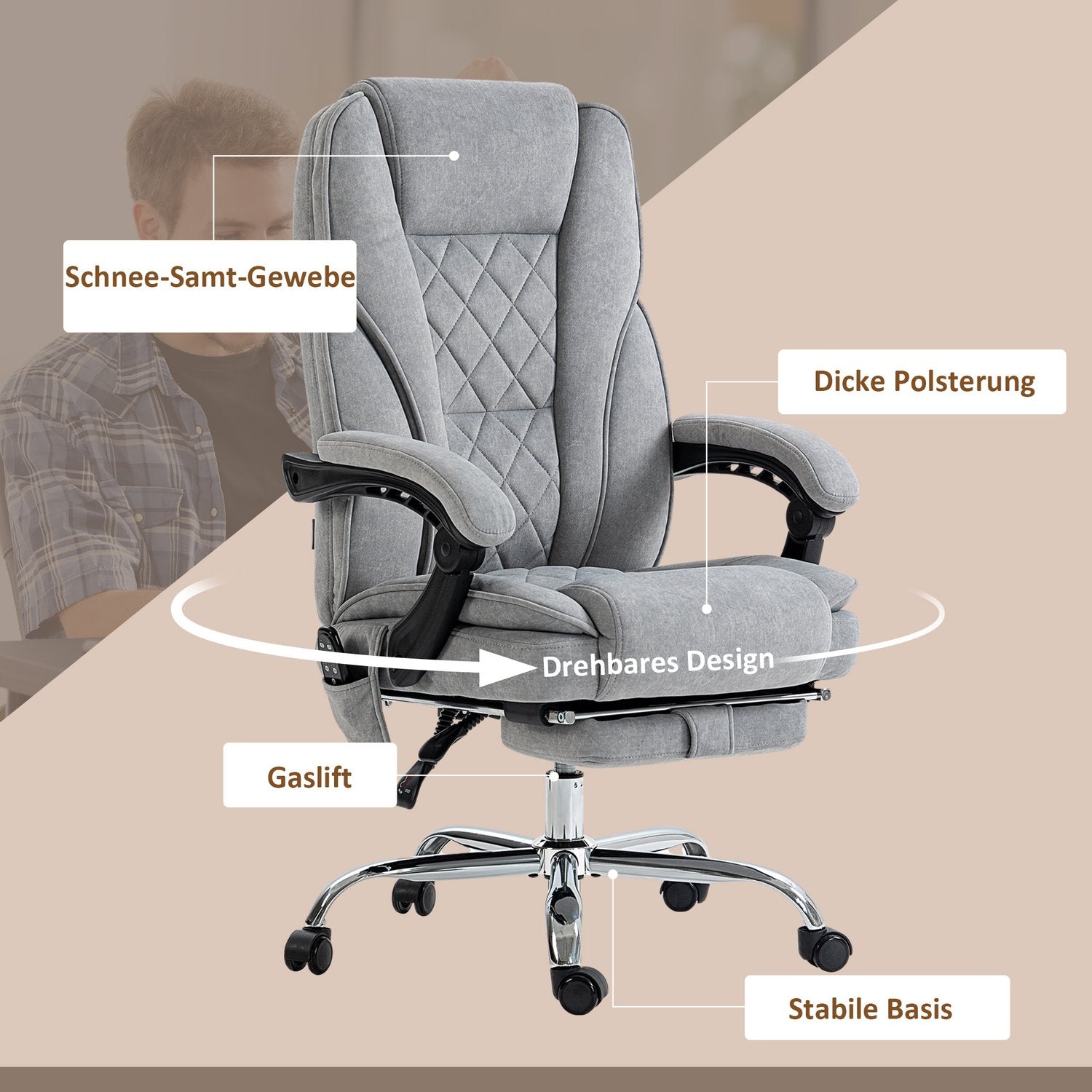 Ergonomisk kontorsstol med massagefunktion, fotstöd, vridbar, rullbar, grå