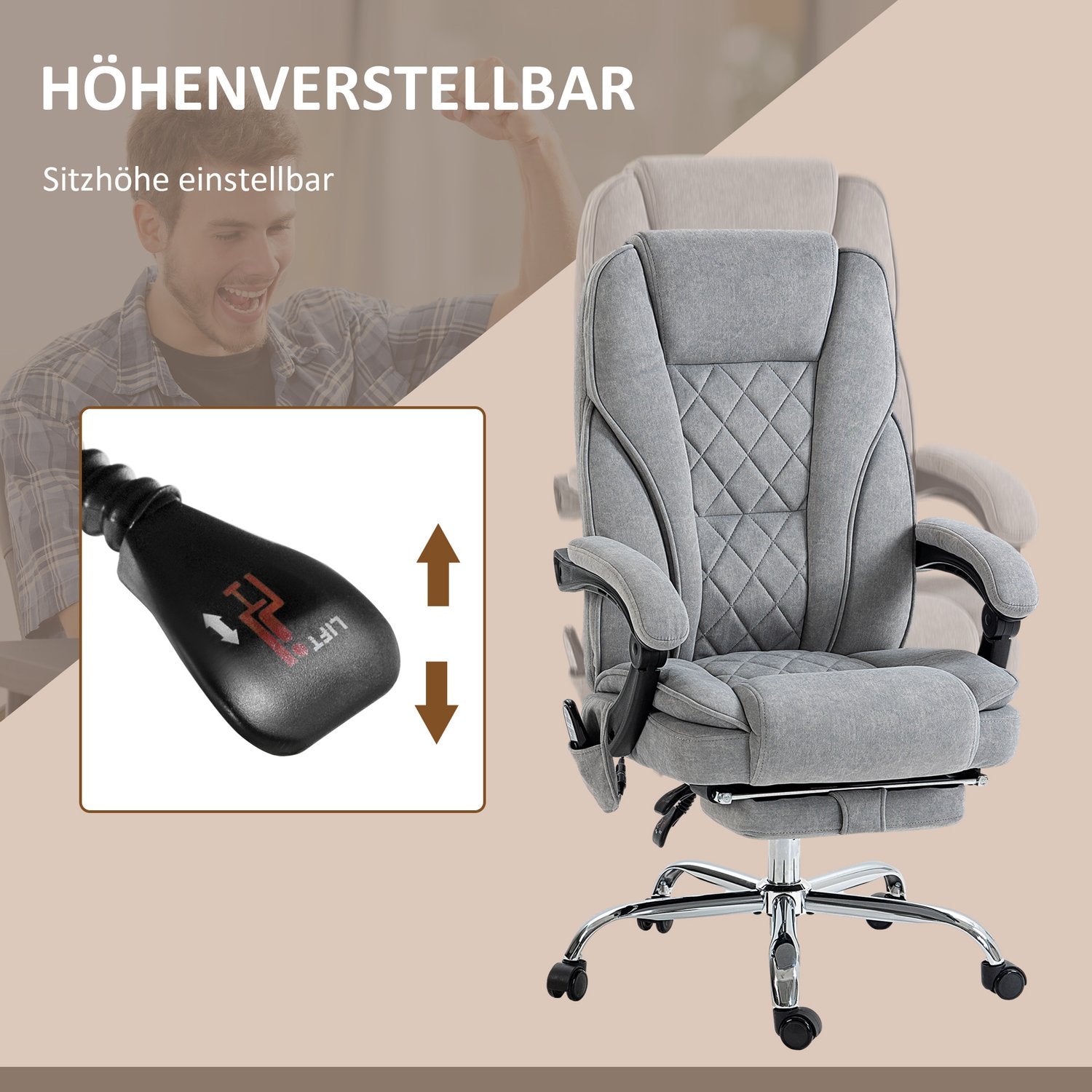 Ergonomisk kontorsstol med massagefunktion, fotstöd, vridbar, rullbar, grå