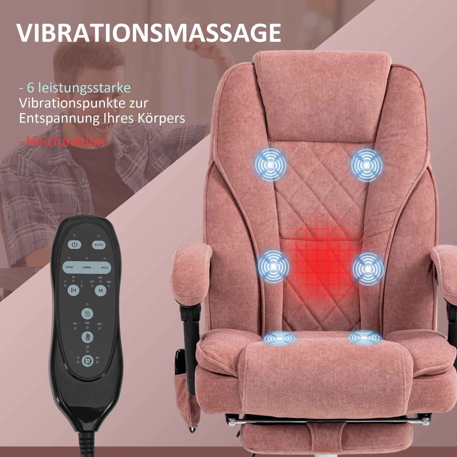 Ergonomisk kontorsstol med massagefunktion, fotstöd, vridbar, rullbar, rosa