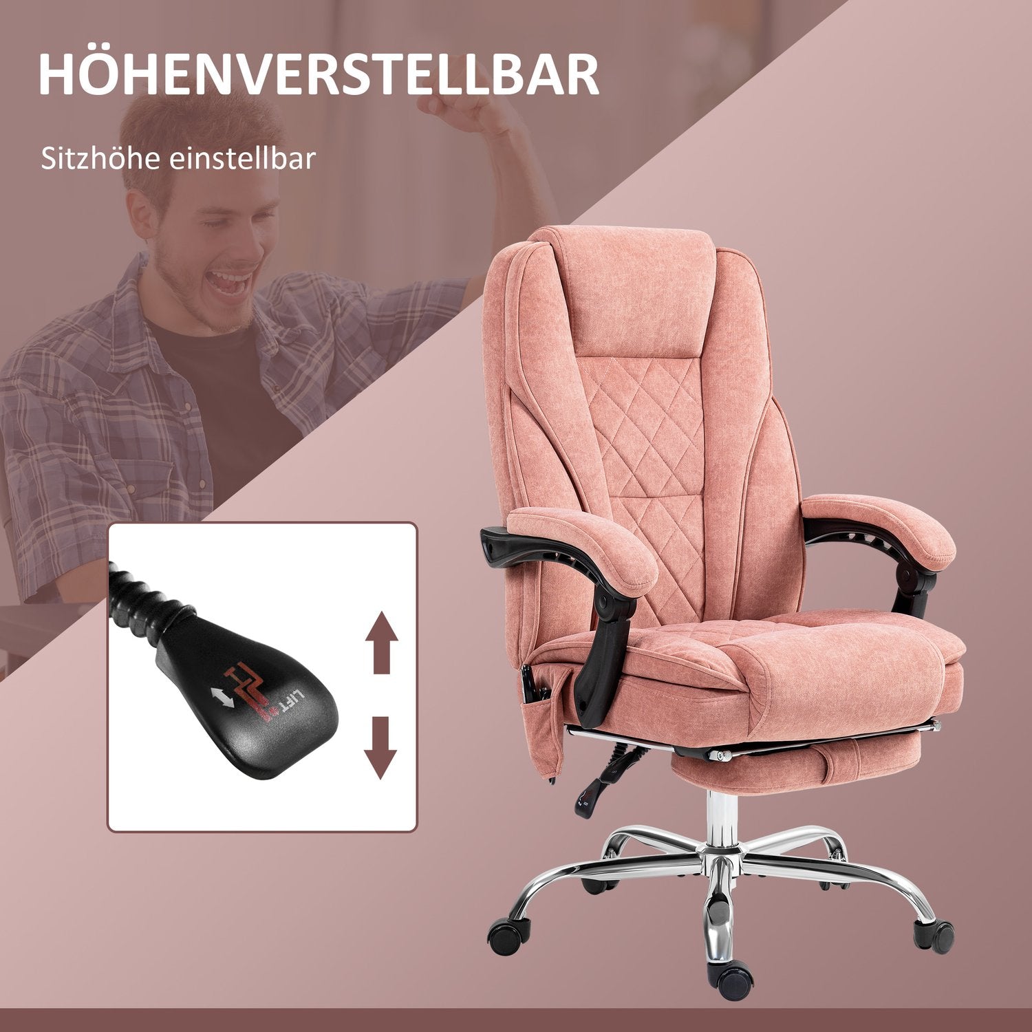 Ergonomisk kontorsstol med massagefunktion, fotstöd, vridbar, rullbar, rosa