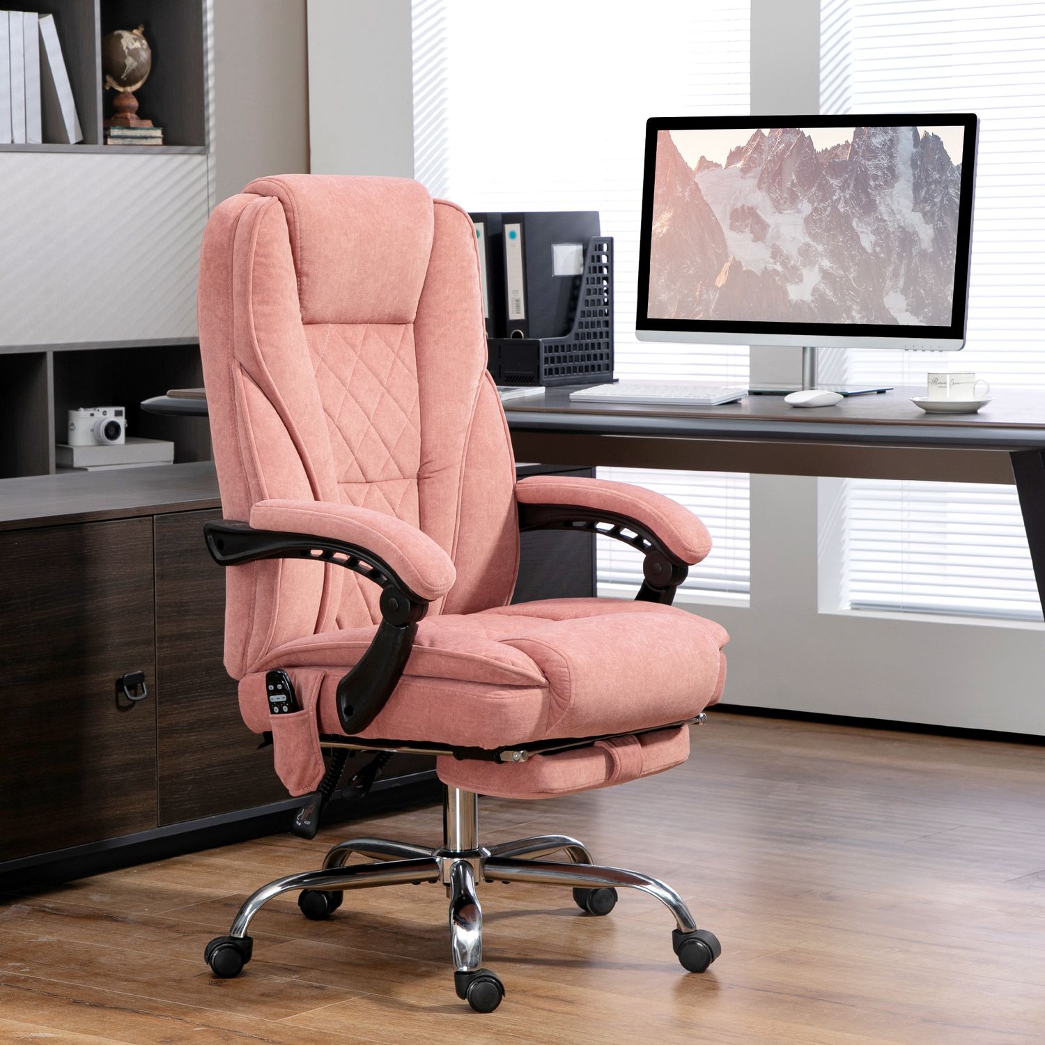 Ergonomisk kontorsstol med massagefunktion, fotstöd, vridbar, rullbar, rosa