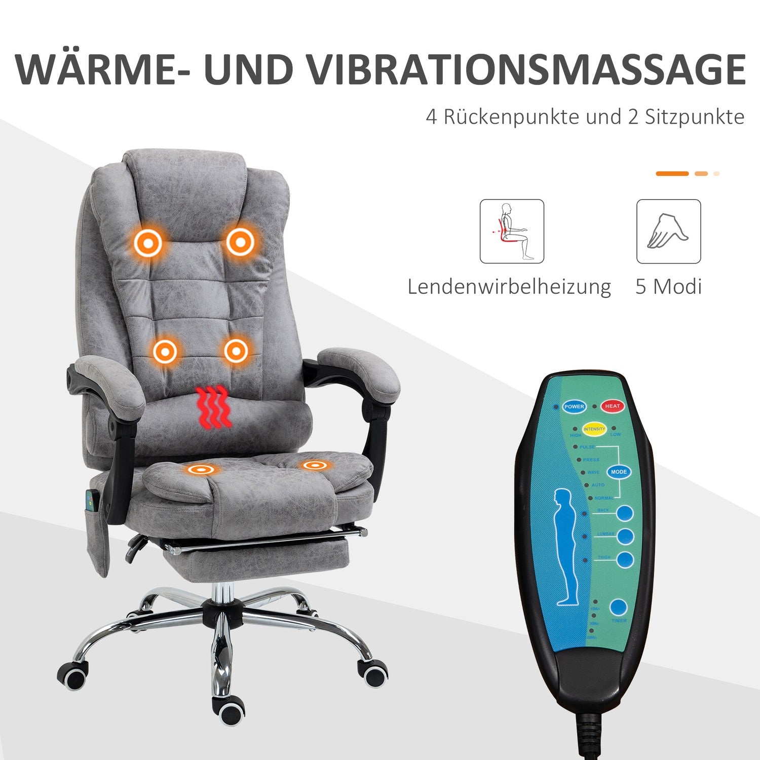 Ergonomisk kontorsstol med massage, lutning & värme, grå