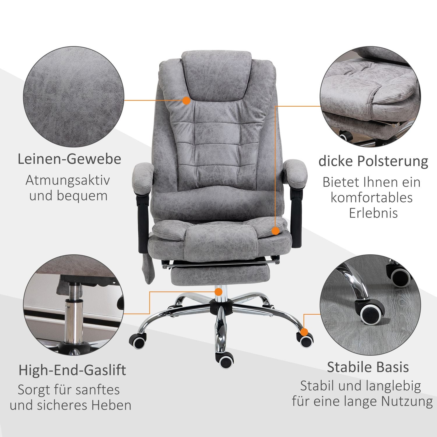 Ergonomisk kontorsstol med massage, lutning & värme, grå
