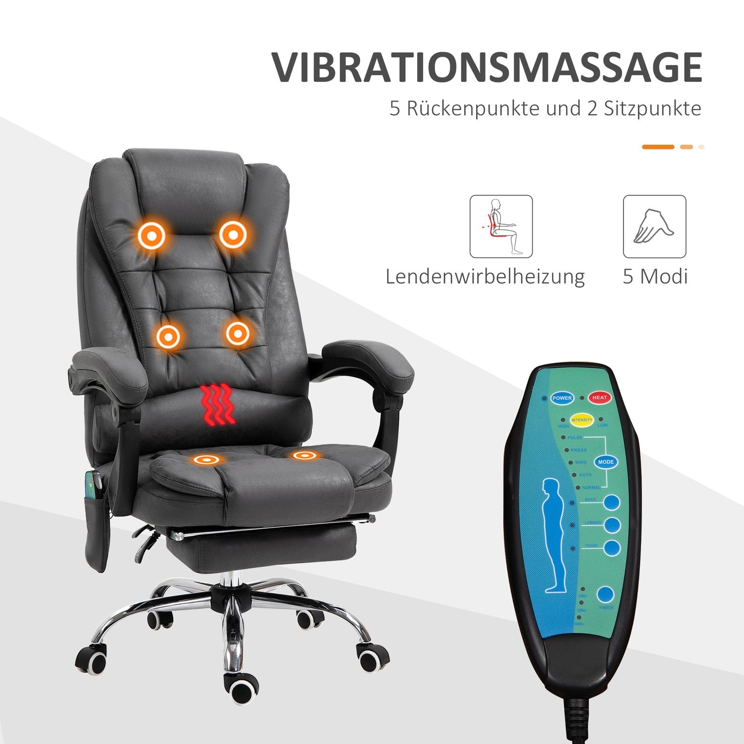 Ergonomisk kontorsstol med massage, värme & fotstöd