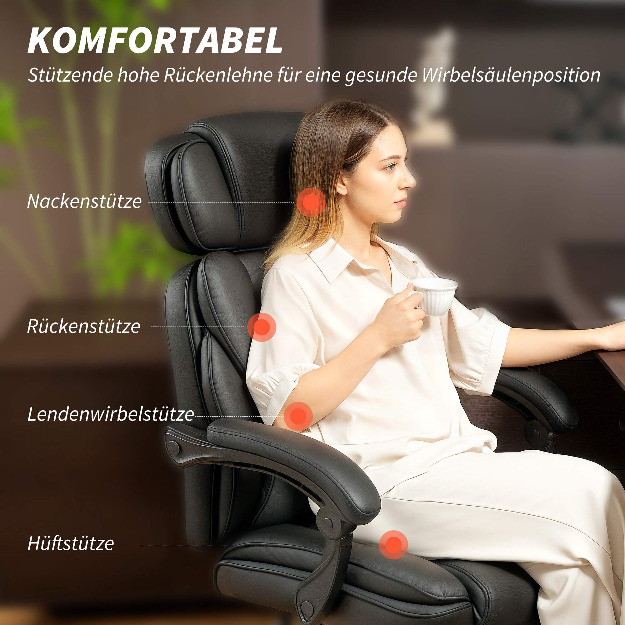 Ergonomisk kontorsstol med svankstöd, svart PU-läder