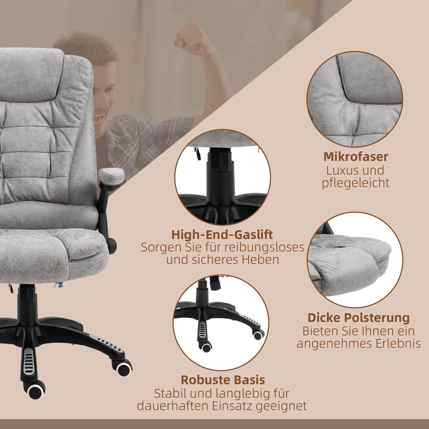 Ergonomisk kontorsstol med värme och massage, justerbar höjd