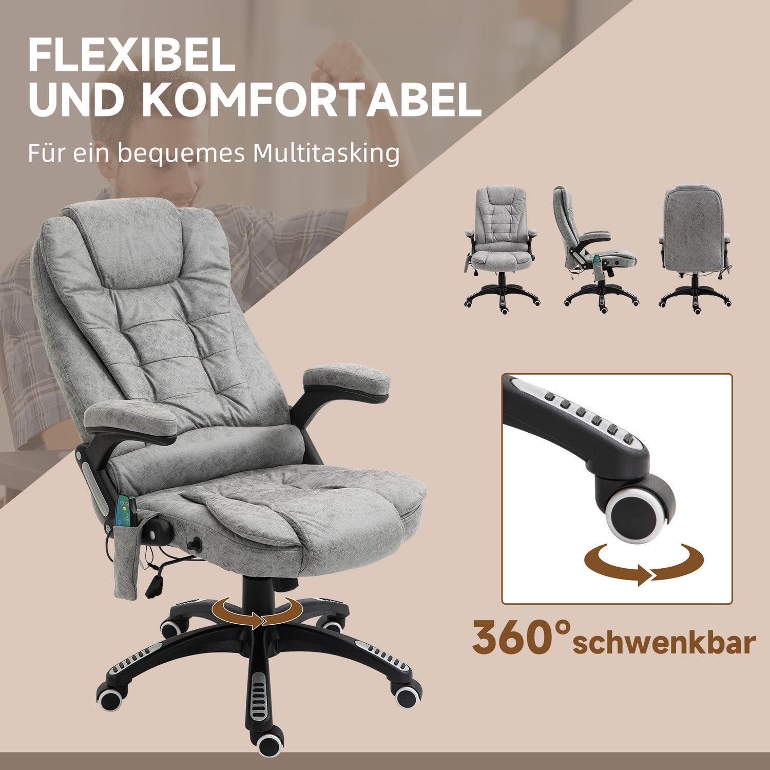 Ergonomisk kontorsstol med värme och massage, justerbar höjd
