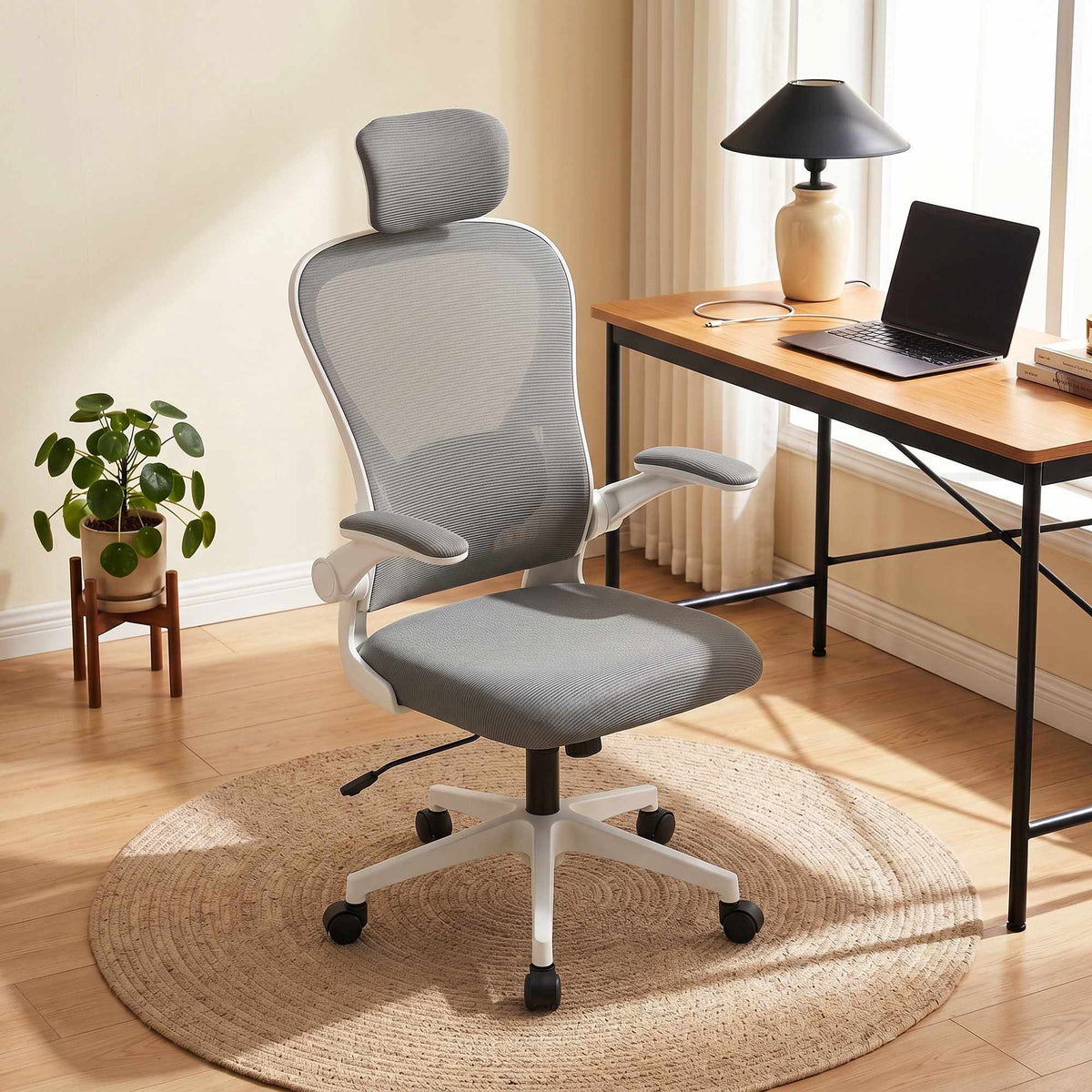 Ergonomisk kontorstol, mesh, uppfällbara armstöd, grå