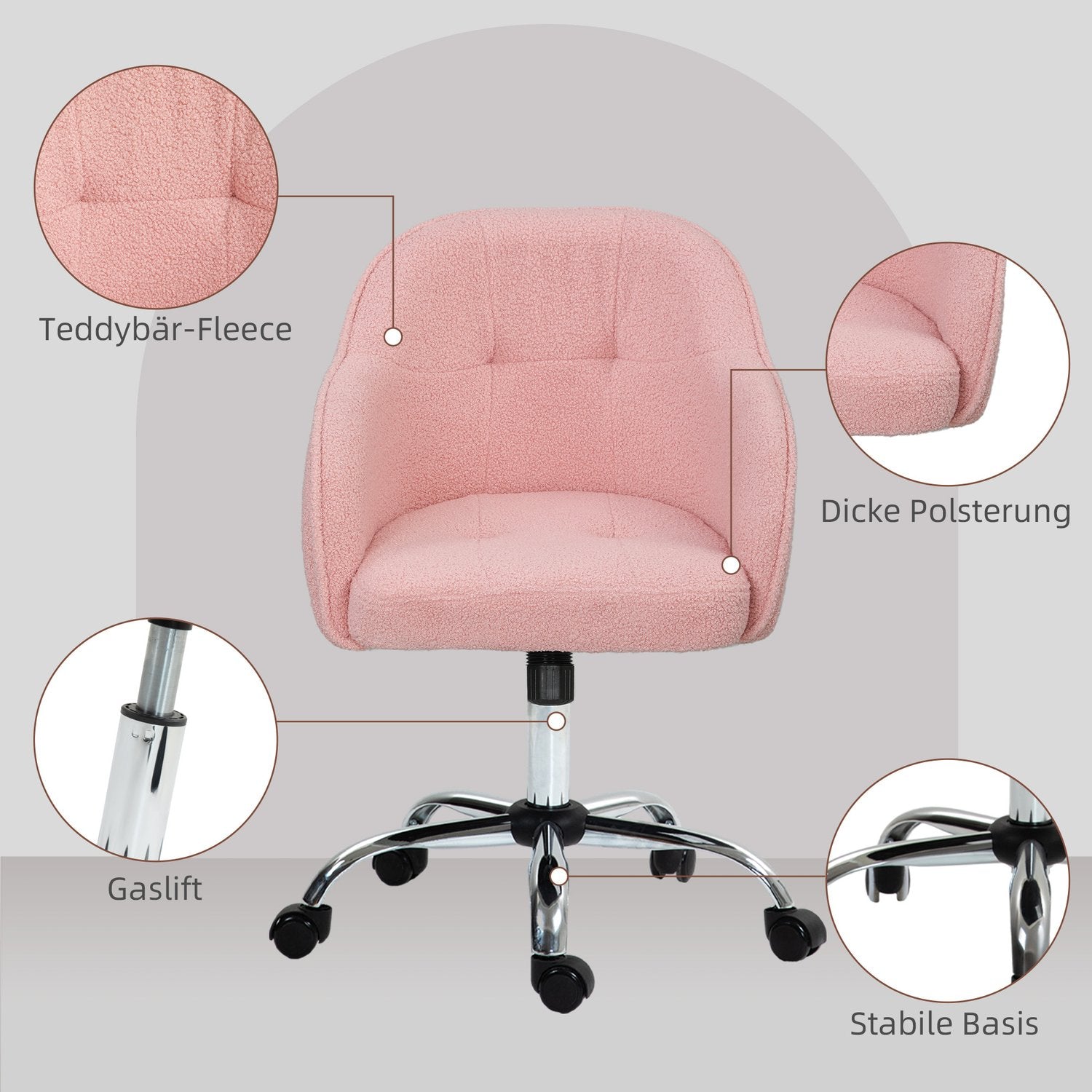 Ergonomisk kontorsstol, rosa teddyfleece, justerbar höjd