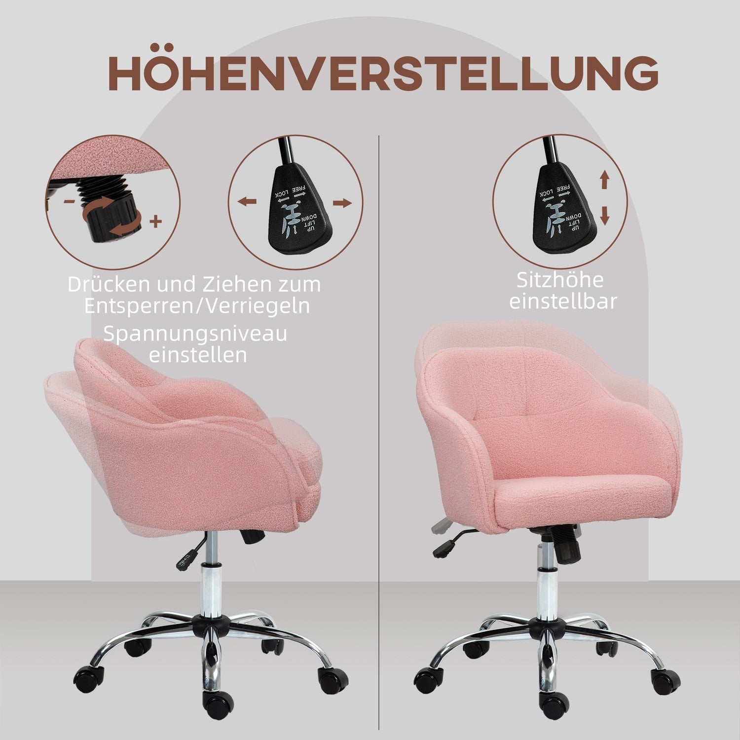 Ergonomisk kontorsstol, rosa teddyfleece, justerbar höjd