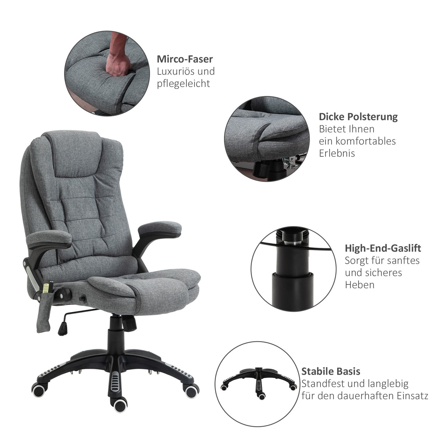 Ergonomisk massagestol, höjdjusterbar, grå, 67x74x116-126 cm
