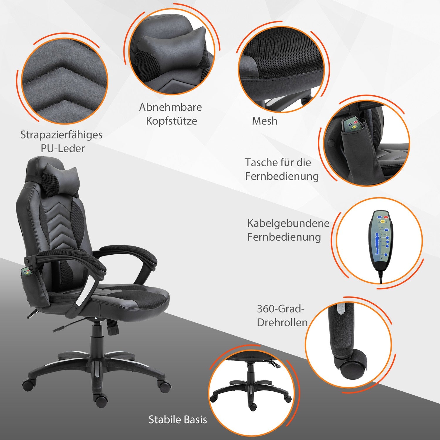 Ergonomisk massagestol i svart konstläder med värme och vibration