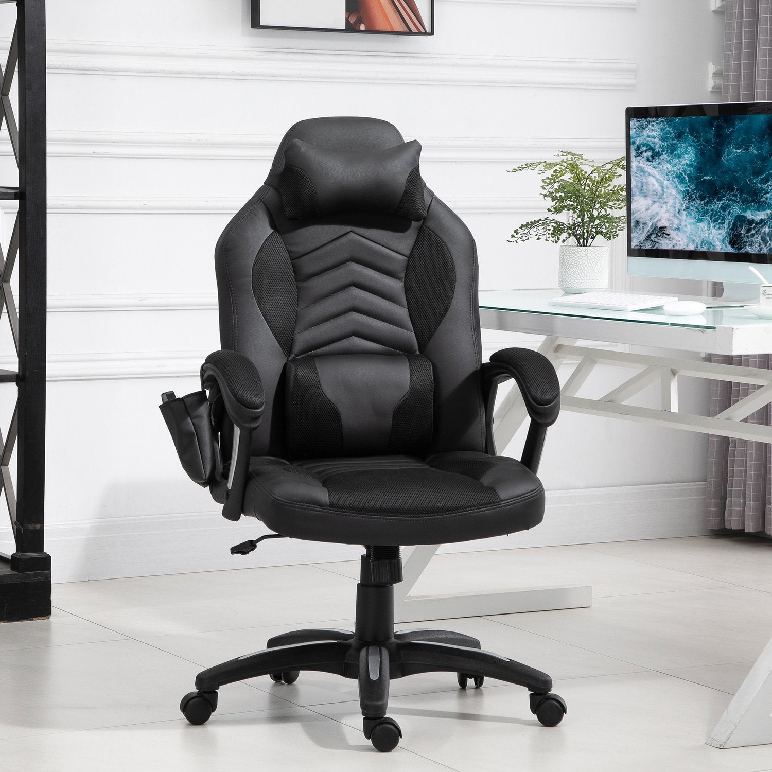 Ergonomisk massagestol i svart konstläder med värme och vibration