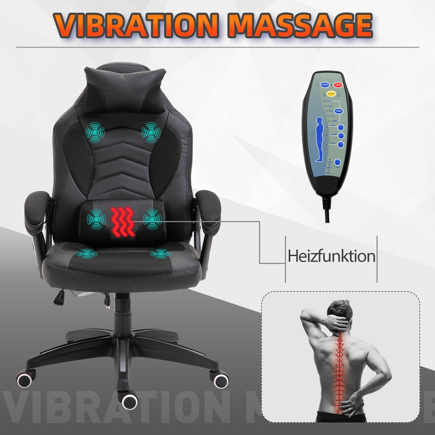 Ergonomisk massagestol i svart konstläder med värme och vibration