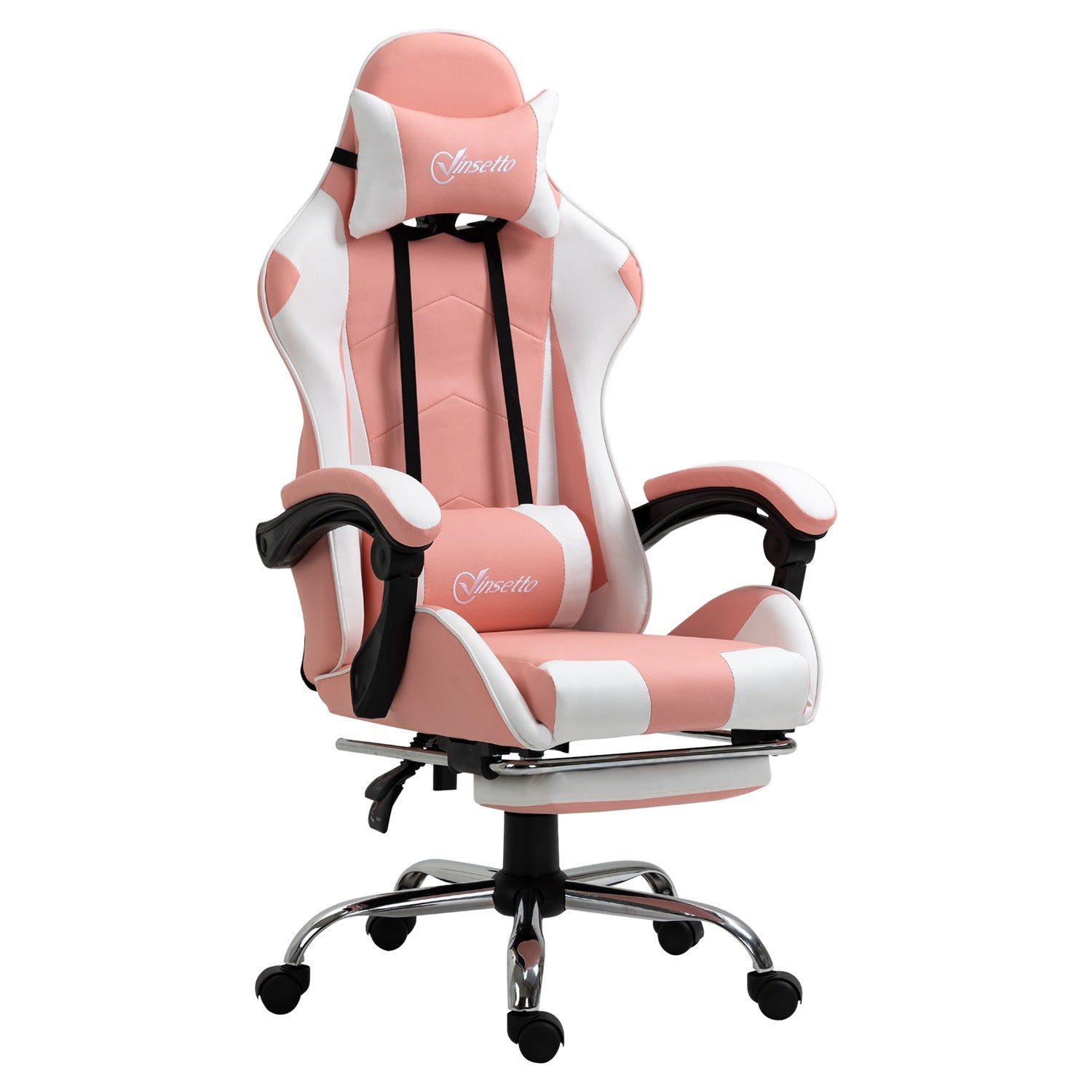 Ergonomisk rosa och vit spelstol med svankstöd
