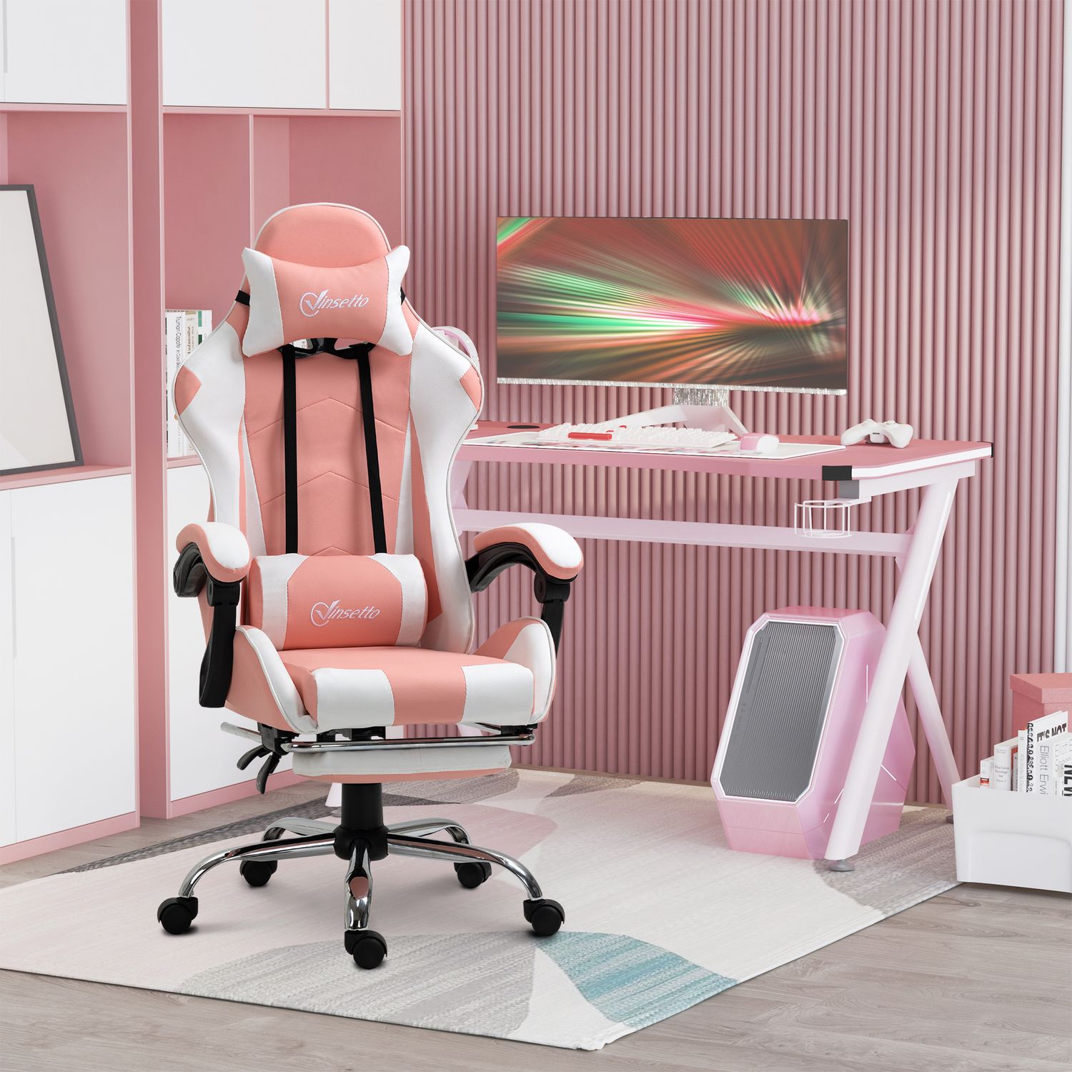 Ergonomisk rosa och vit spelstol med svankstöd