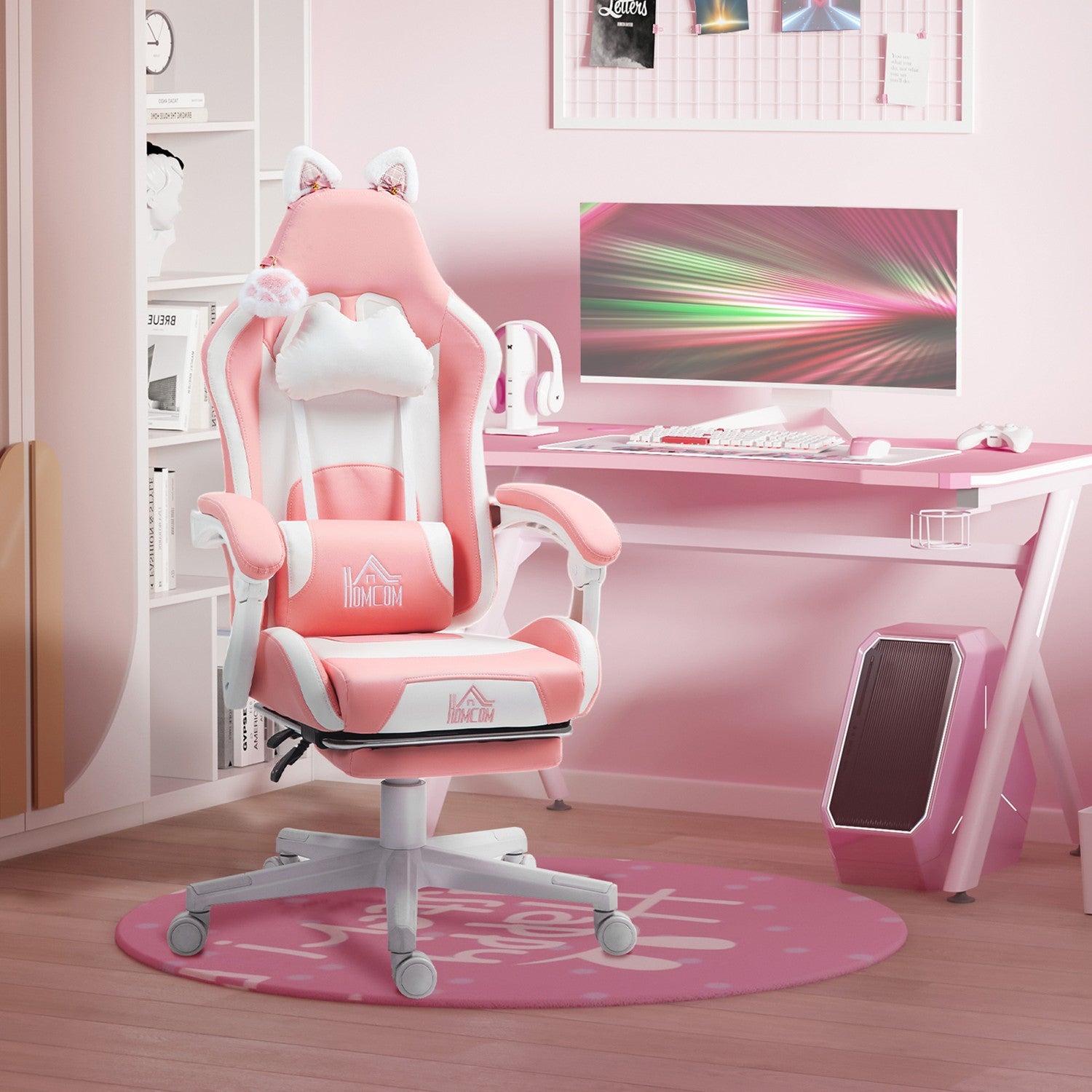 Ergonomisk rosa spelstol med svankstöd och fotstöd