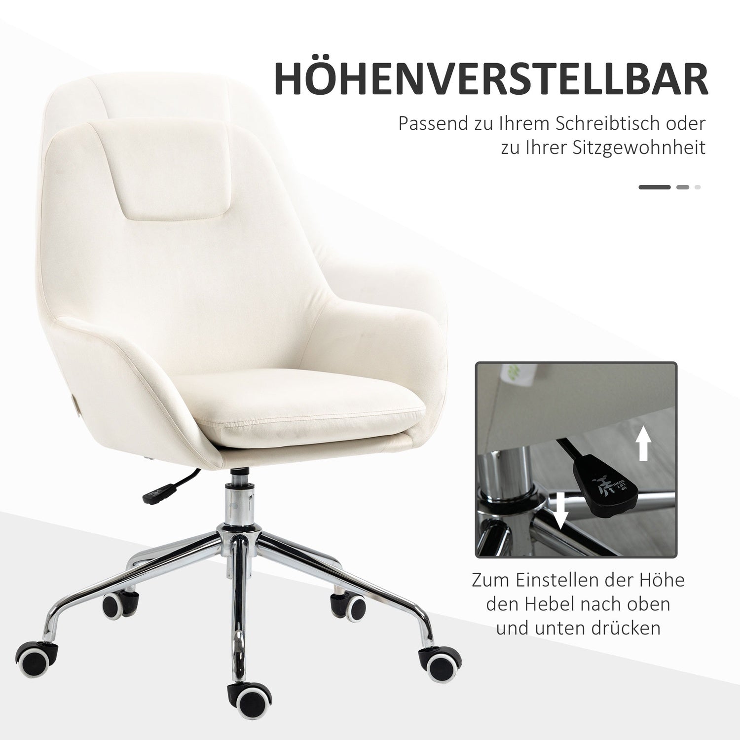 Ergonomisk vridbar kontorsstol, justerbar höjd, sammetskräm