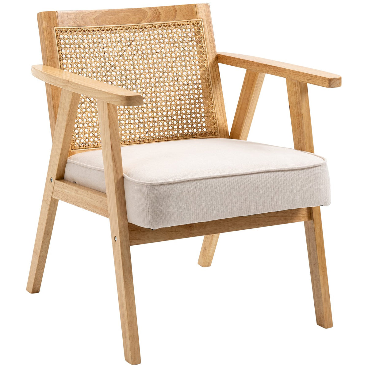 Exotisk stoppad stol, gummiträ, sittdyna i linnelook, 63L x 69W x 78H cm, krämvit