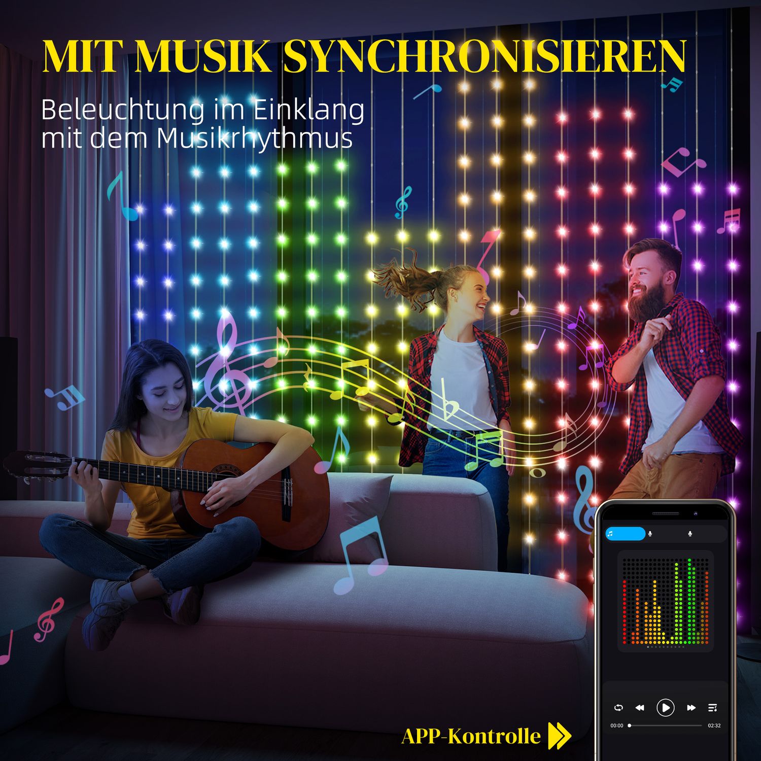 LED Fairy Light Curtain, 3x3m, 400 LEDs, Music Sync, Timer