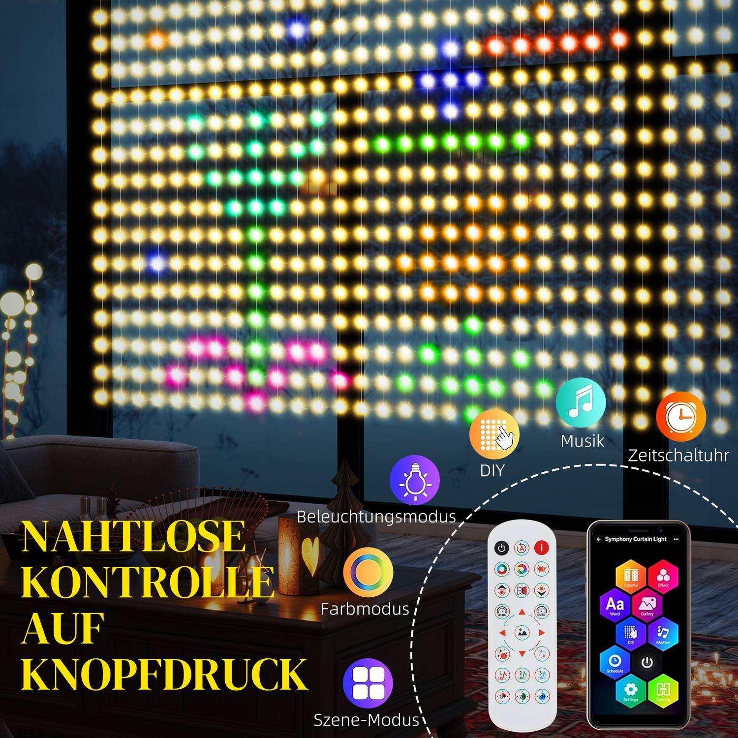 LED Fairy Light Curtain, 3x3m, 400 LEDs, Music Sync, Timer