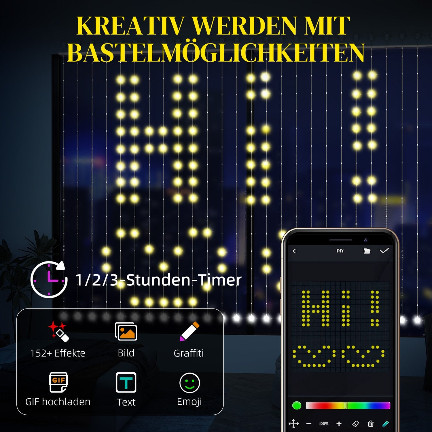 LED Fairy Light Curtain, 3x3m, 400 LEDs, Music Sync, Timer