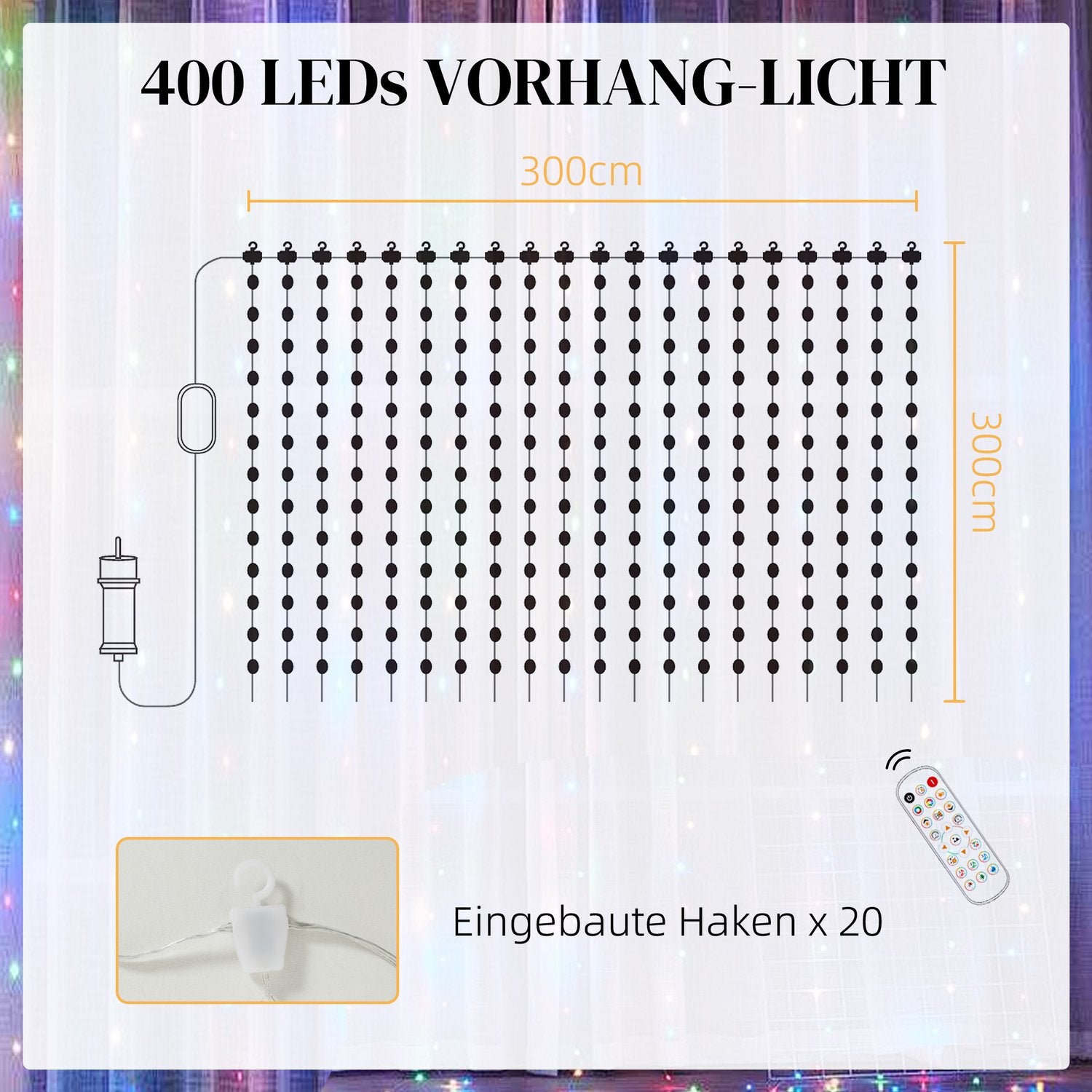LED Fairy Light Curtain, 3x3m, 400 LEDs, Music Sync, Timer