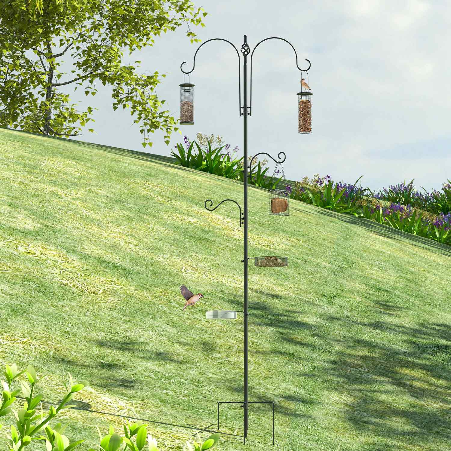 Black Steel Bird Feeding Station Set med badkar & 4 krokar