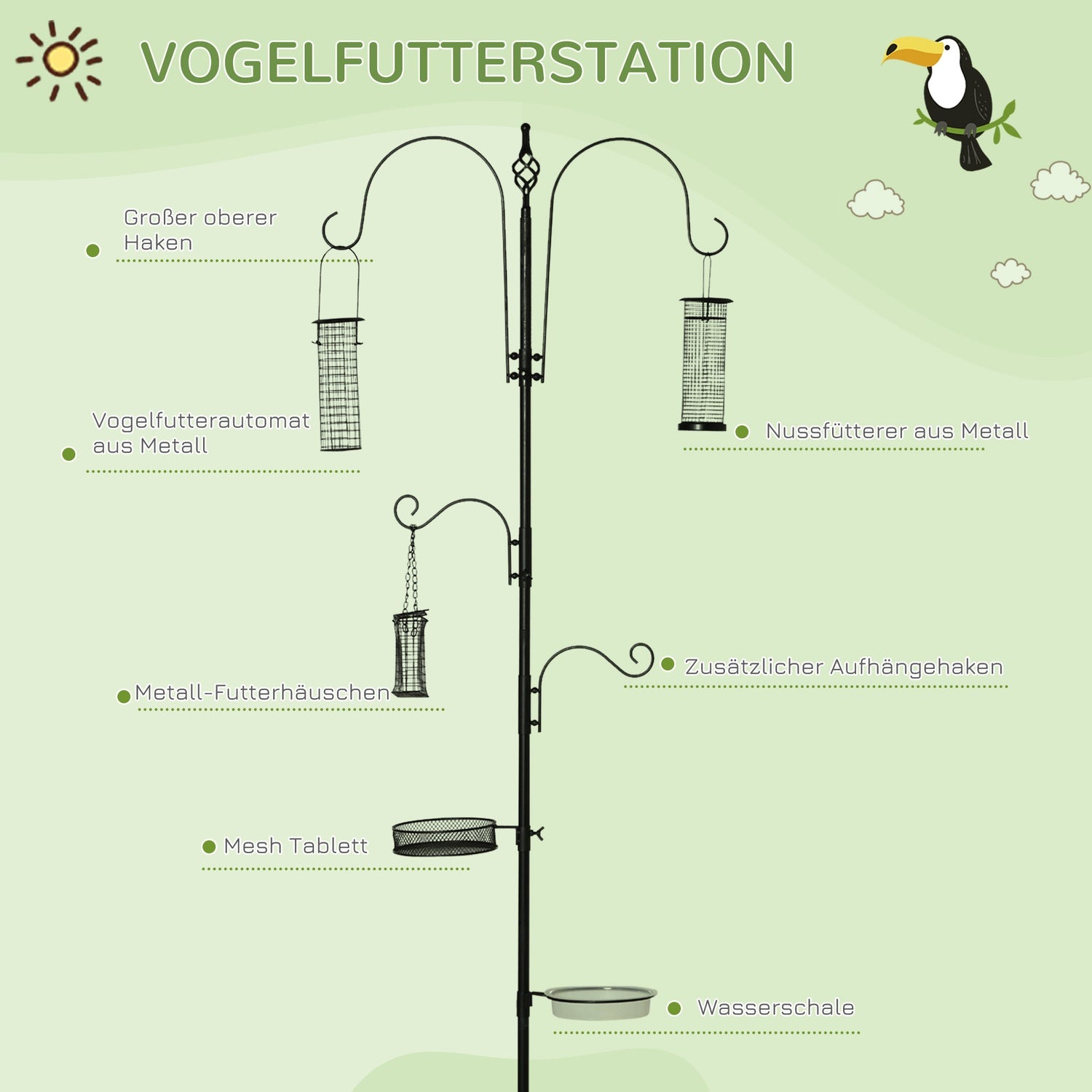 Black Steel Bird Feeding Station Set med badkar & 4 krokar