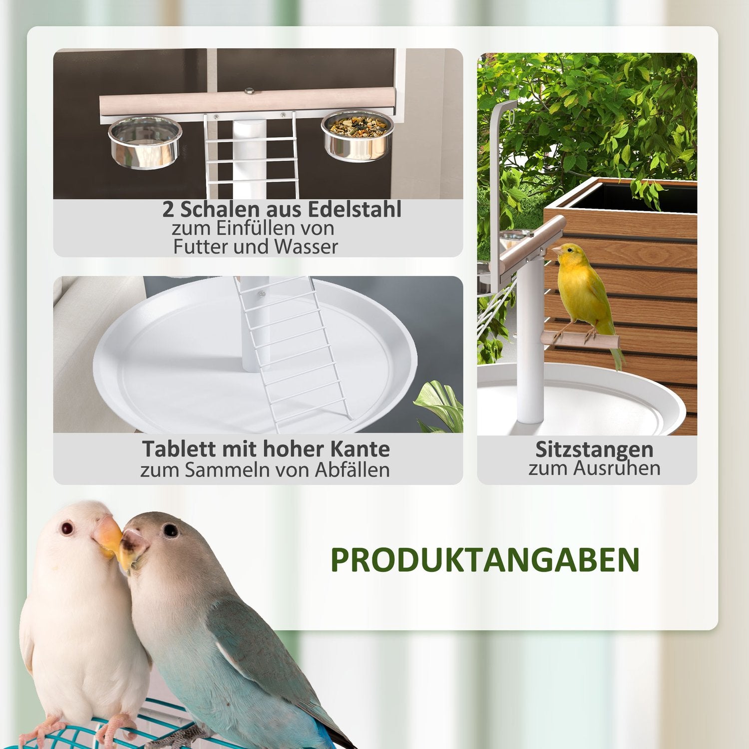 Fågelmatningsstation med hjul och sittpinnar, stål, vit