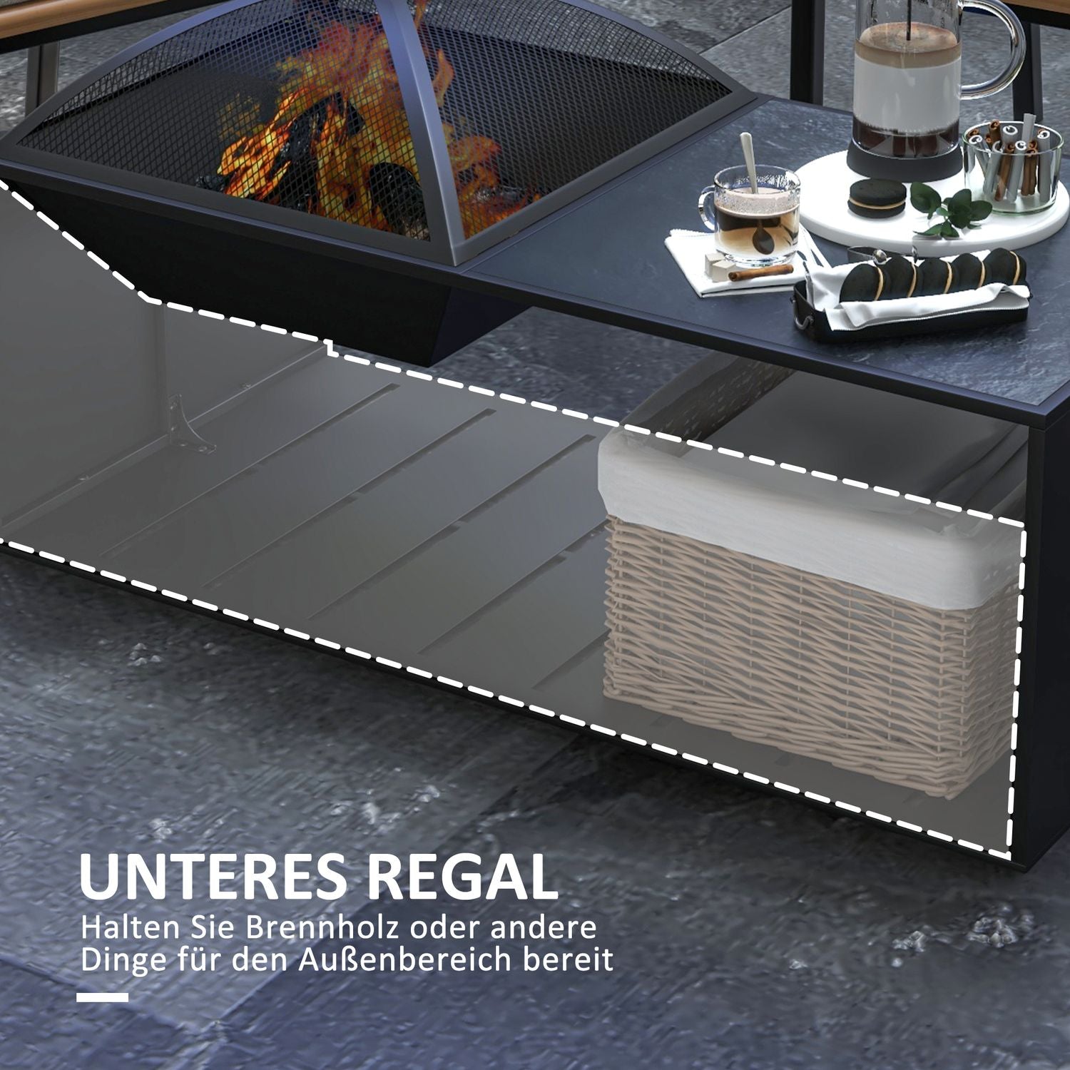 Fire Bowl & Spark Grille med poker, metall, svart