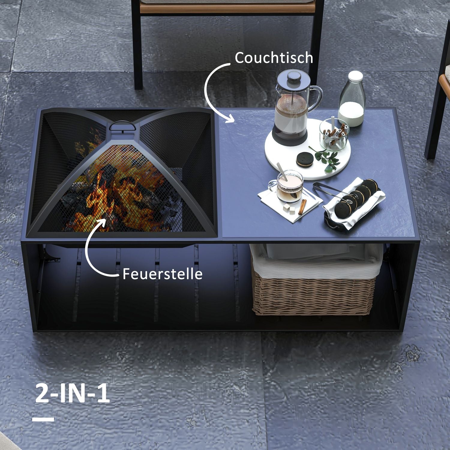 Fire Bowl & Spark Grille med poker, metall, svart