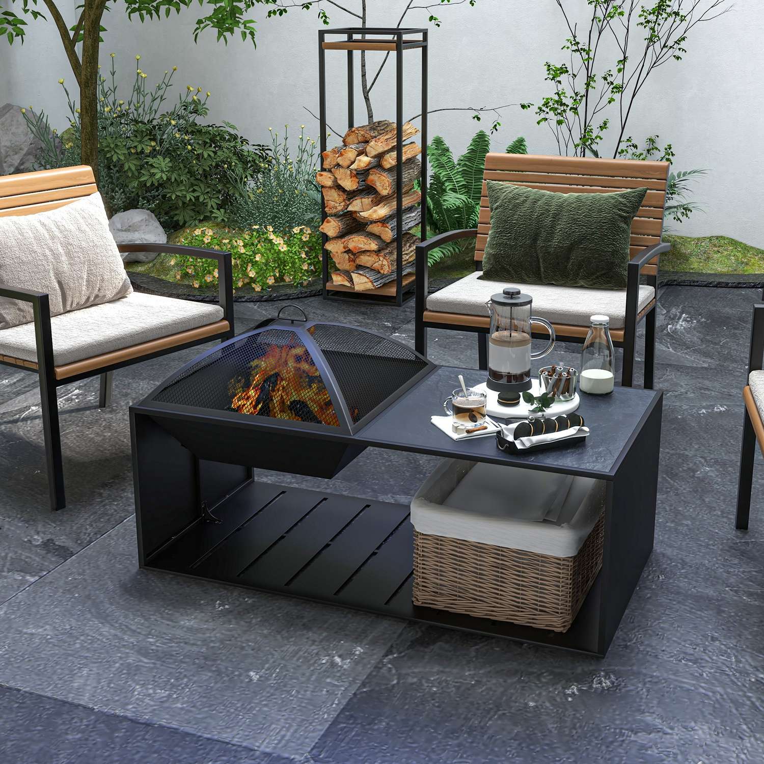 Fire Bowl & Spark Grille med poker, metall, svart
