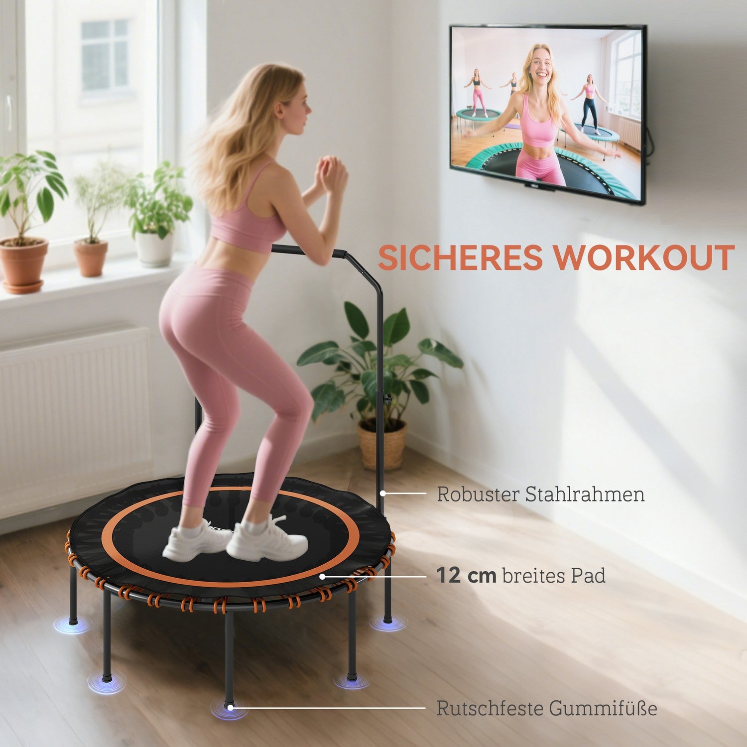 Fitnesstrampolin med justerbart handtag, inomhus/utomhus, orange