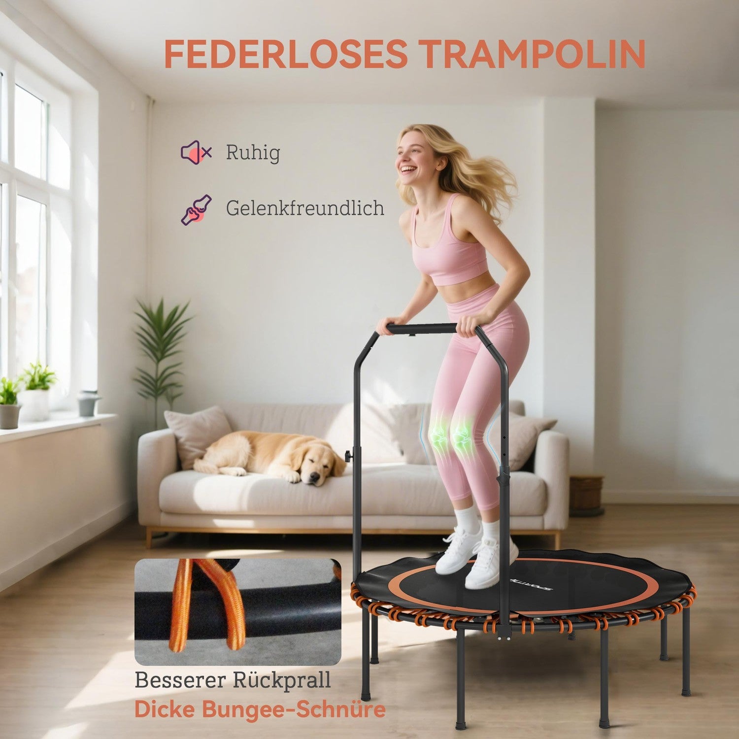 Fitnesstrampolin med justerbart handtag, inomhus/utomhus, orange