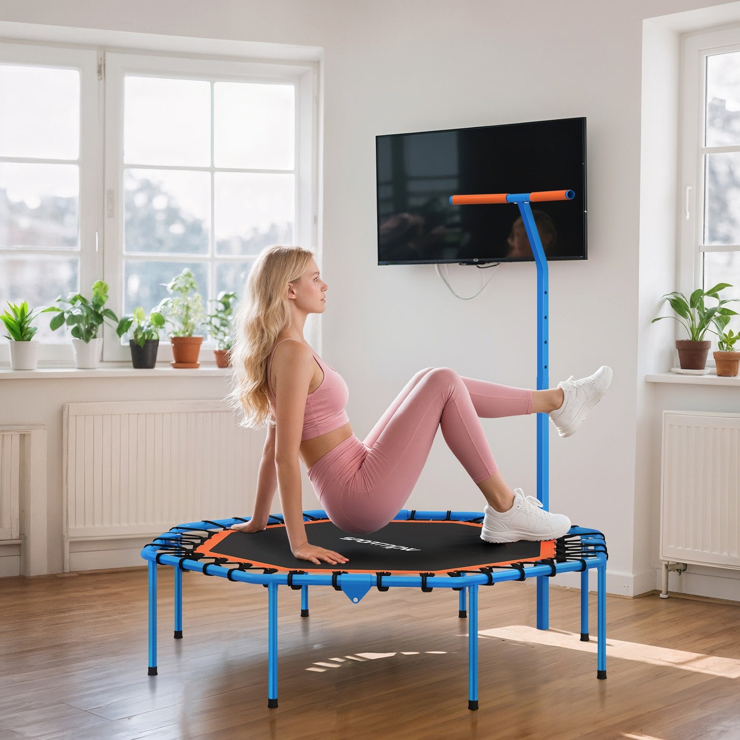 Fitnesstrampolin med justerbart handtag, stål, inomhusbruk