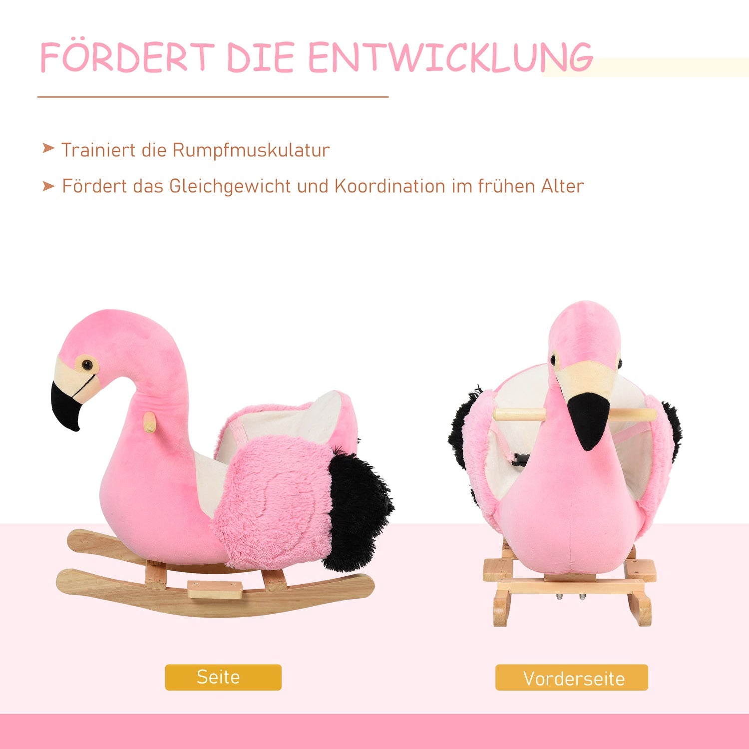Flamingo gunghästleksak, plysch med säkerhetsbälte, 60 cm