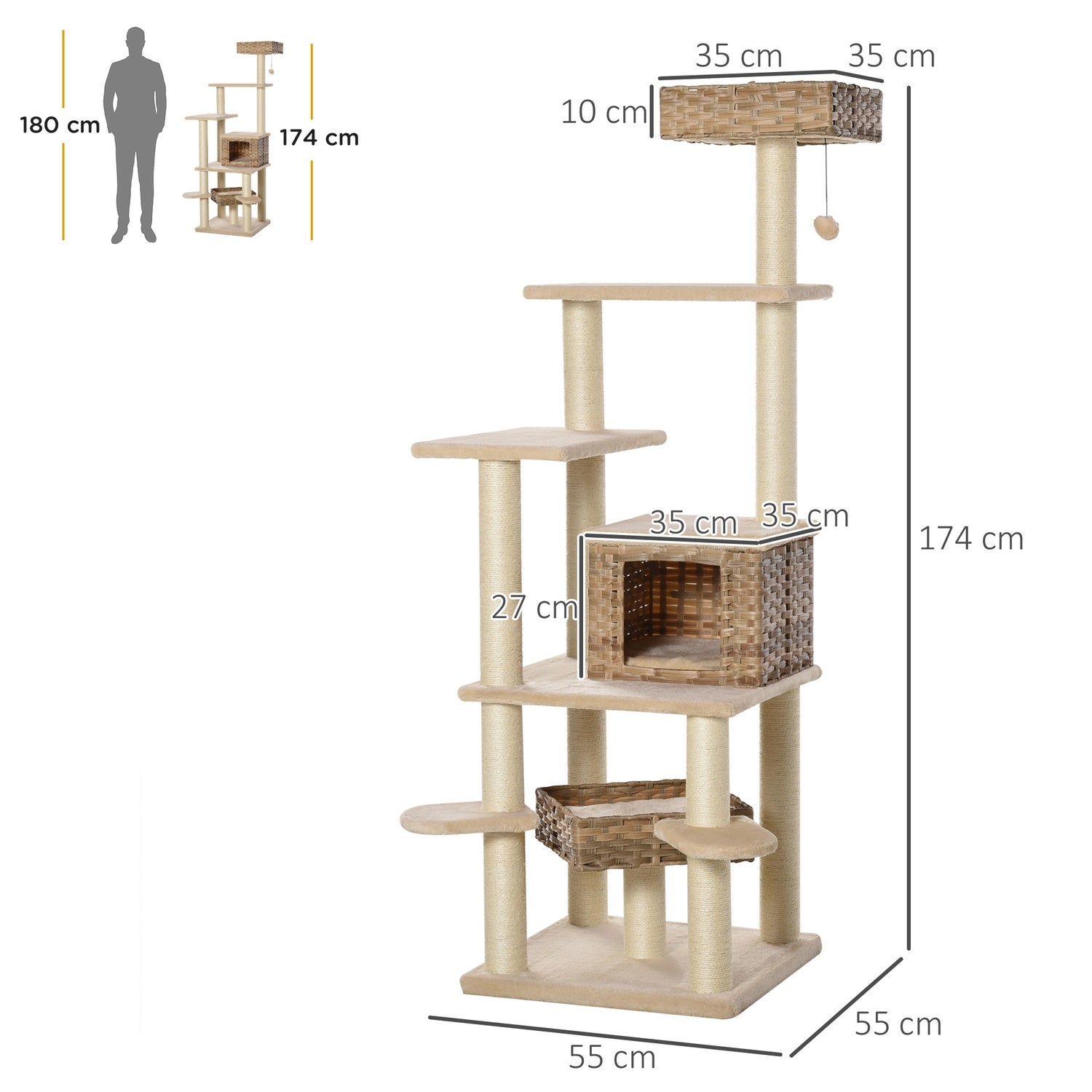 Flerskikts rottingkatt-klätterträd med grotta, beige/brun