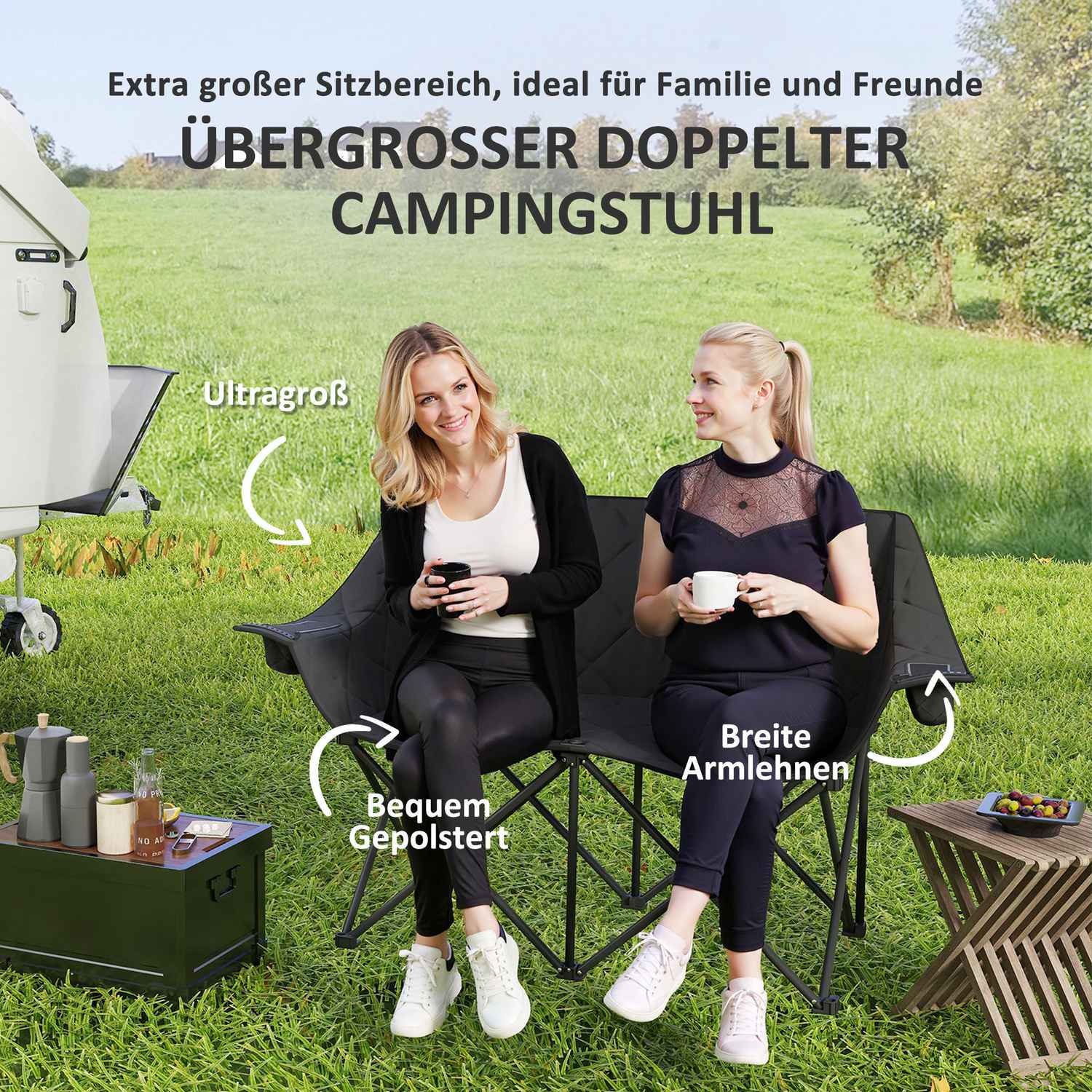 Fällbar 2-sits campingstol med kylväskor, upp till 250 kg