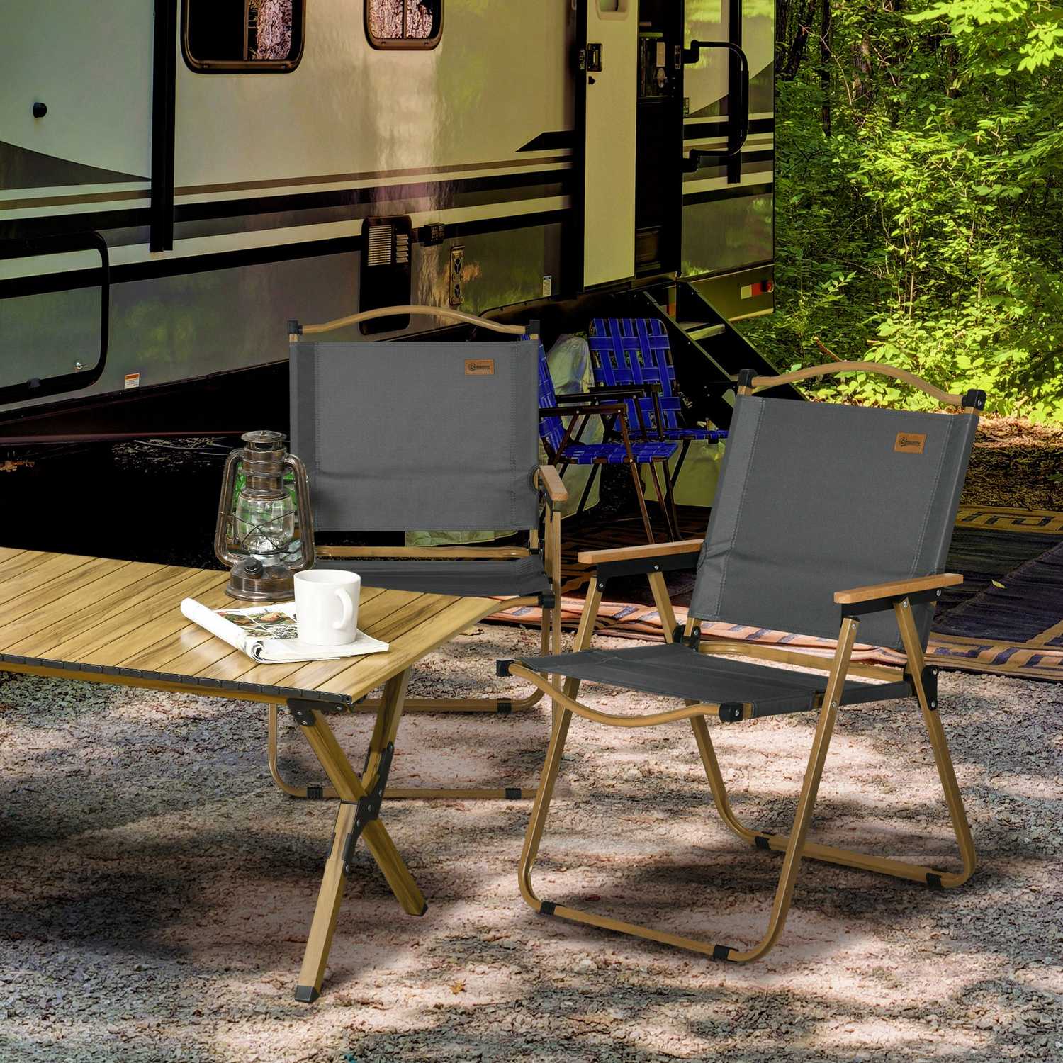 Fällbara campingstolar Set om 2 – Stålram, mörkgrå