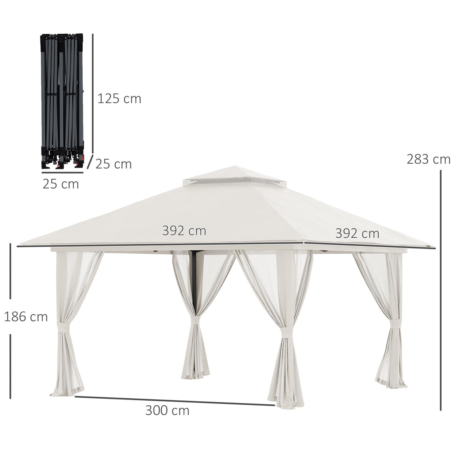 Fällbar paviljong 4x4m, UV-skydd, justerbar höjd, kräm