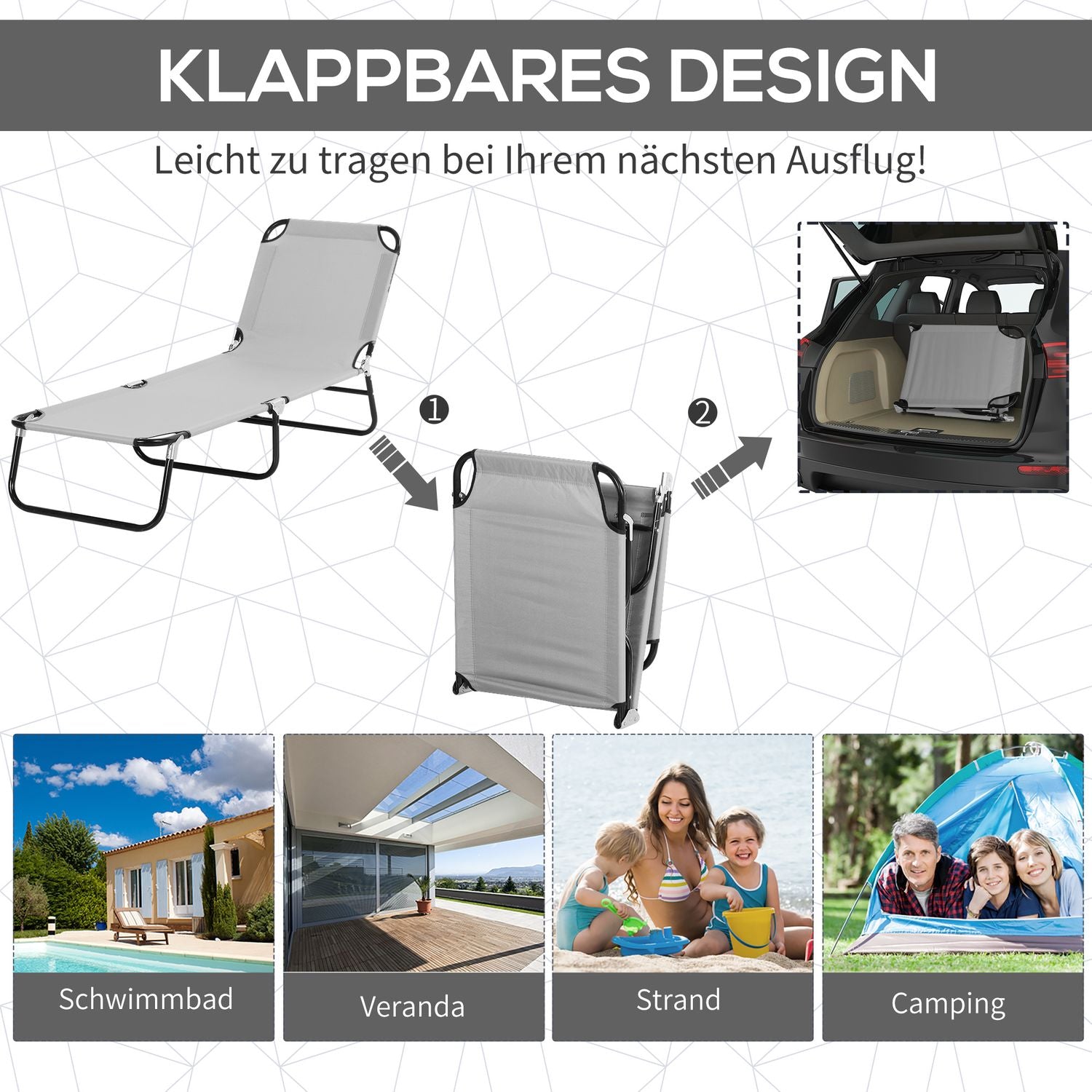 Fällbar solstol med 4-läges ryggstöd och tak