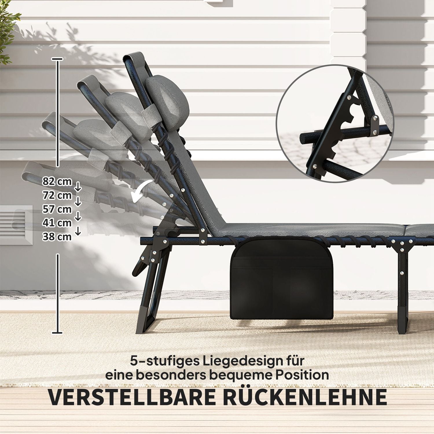 Fällbar solstol med kudde & justerbart ryggstöd, 120 kg gräns