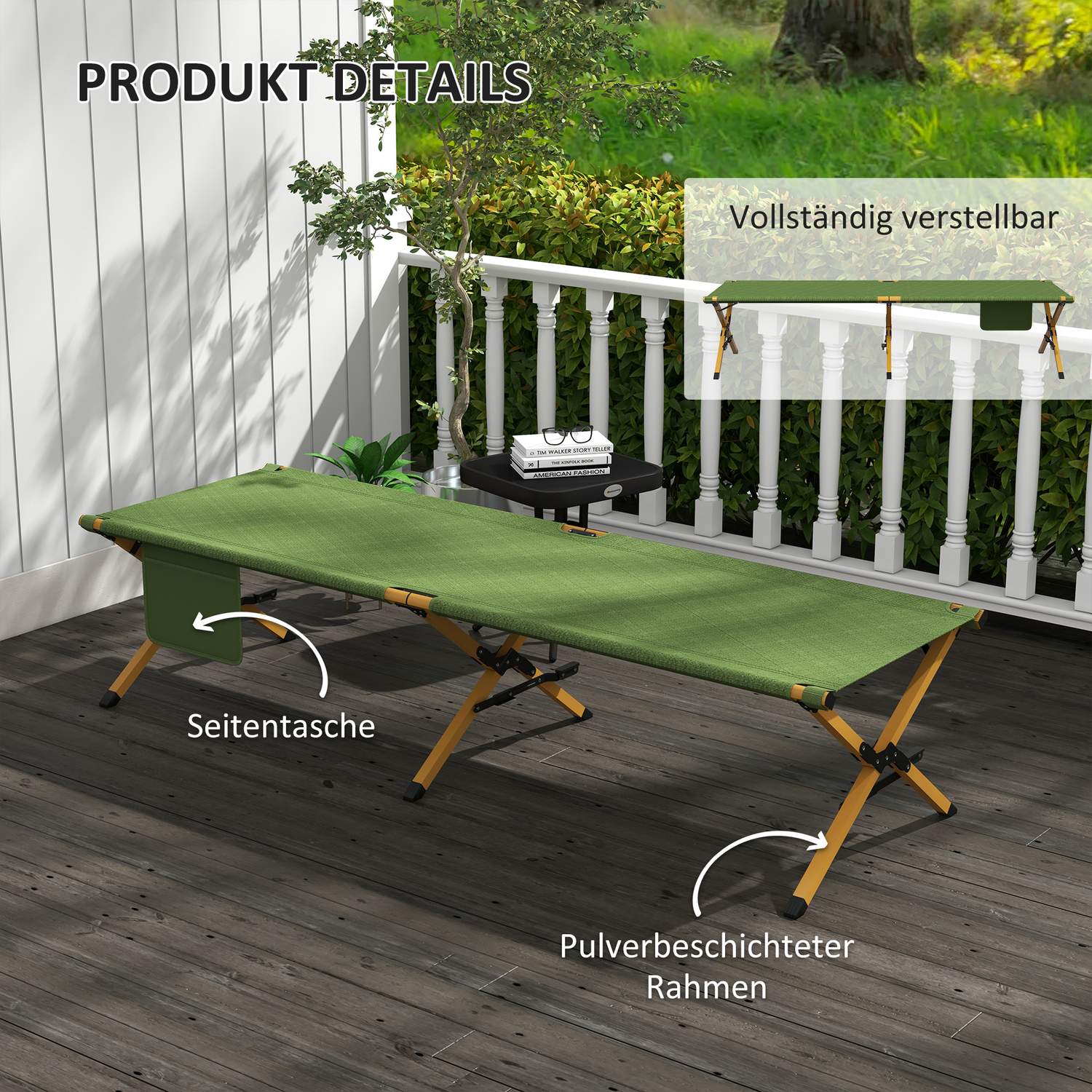 Fällbar solstol med sidoficka, mörkgrön