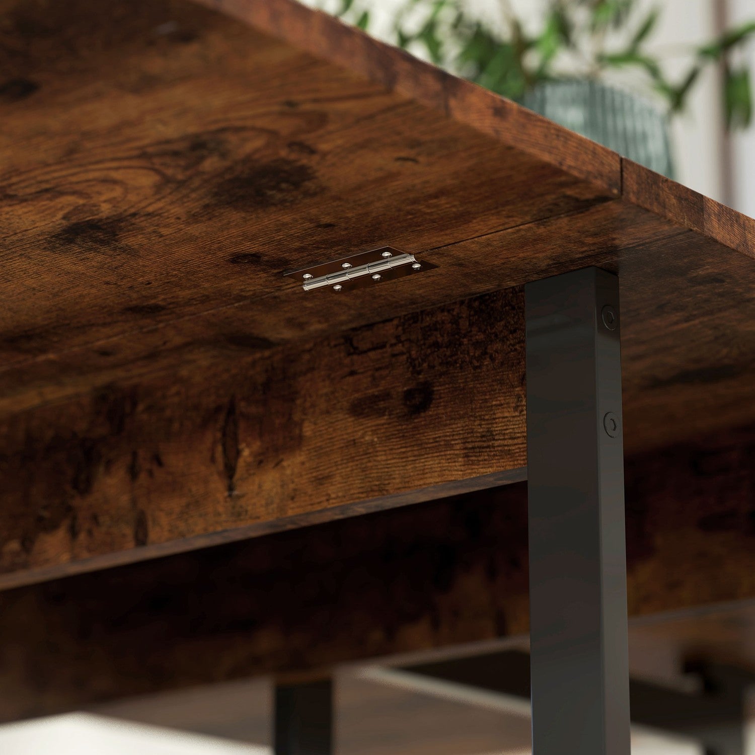 Fällbart matbord i industriell design, för upp till 4 personer, öppna hyllor, flexibel, metall, spånskiva, brun