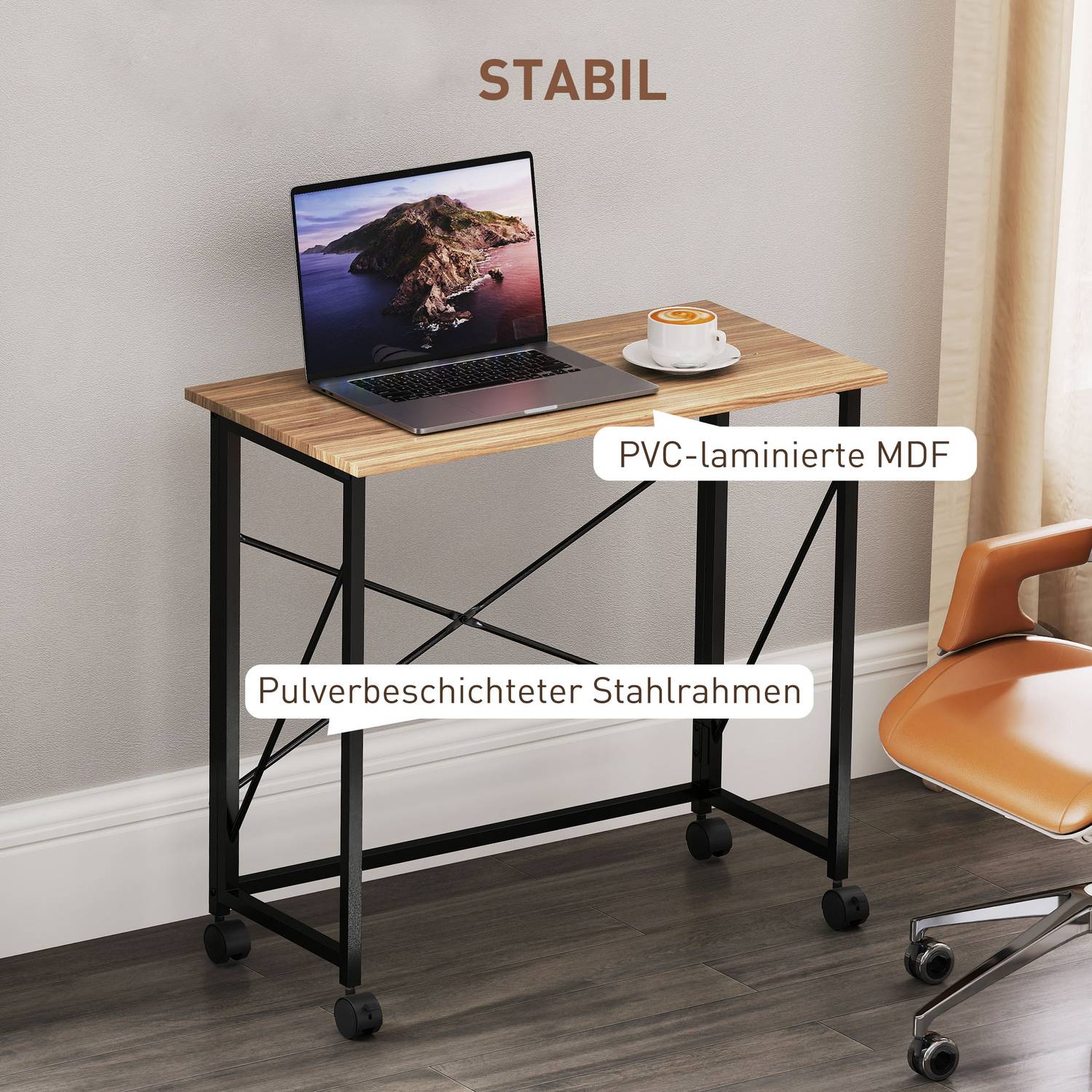 Fällbart skrivbord med hjul, platsbesparande, stål, MDF, ek