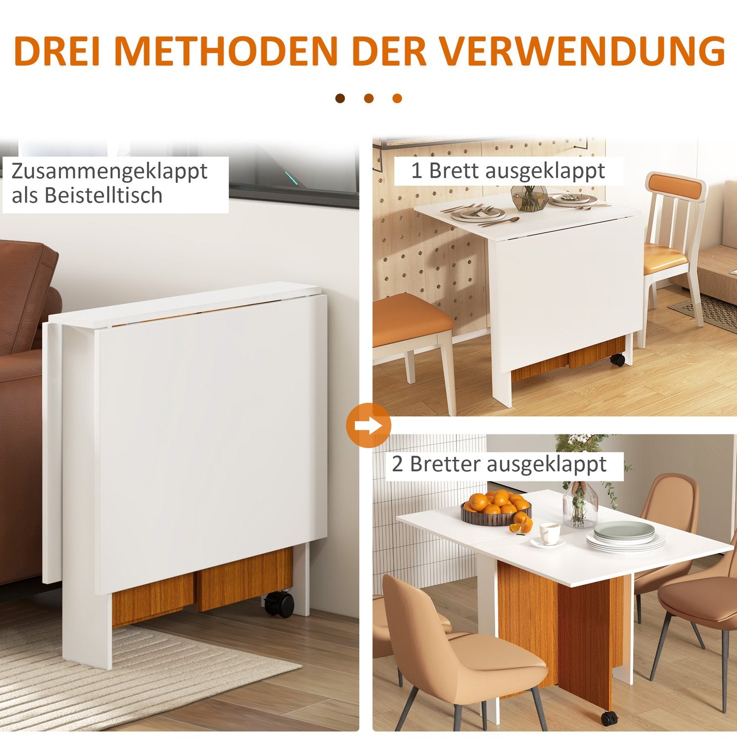 Fällbart matbord med hjul – Mobilt Vitt Skrivbord