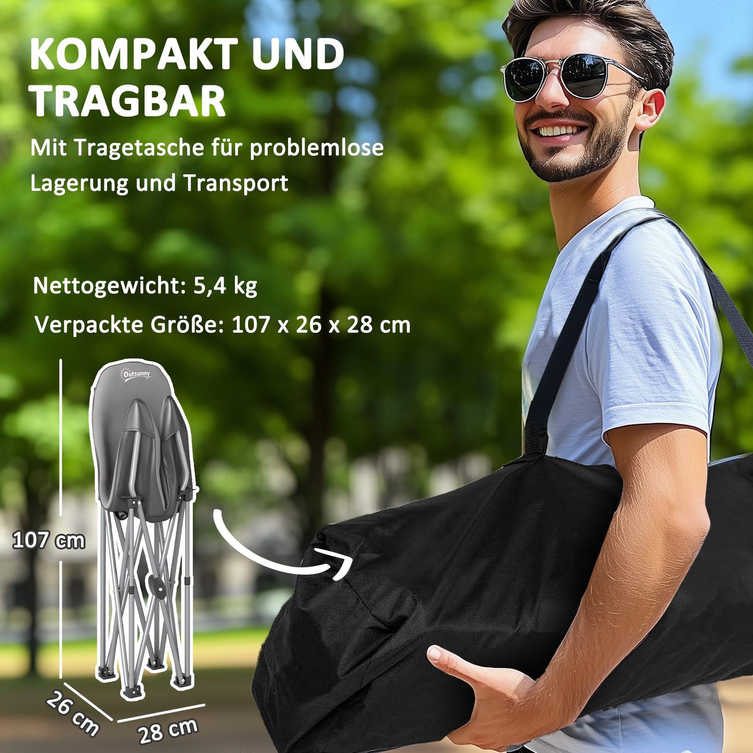 Hopfällbar campingstol med sidficka, lätt, 120 kg kapacitet