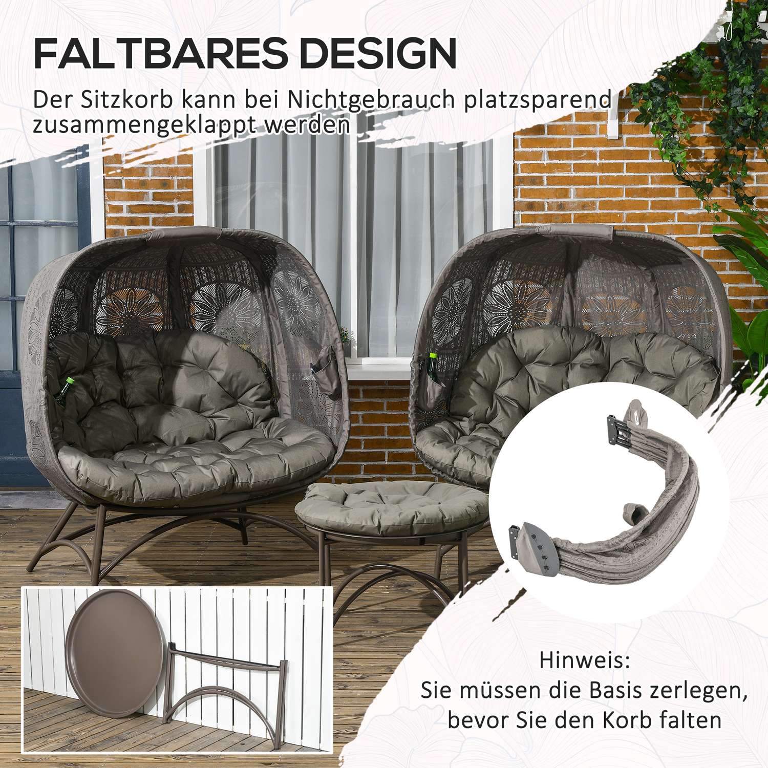 Flätad trädgårdsstolset – 3 st med bord och kuddar